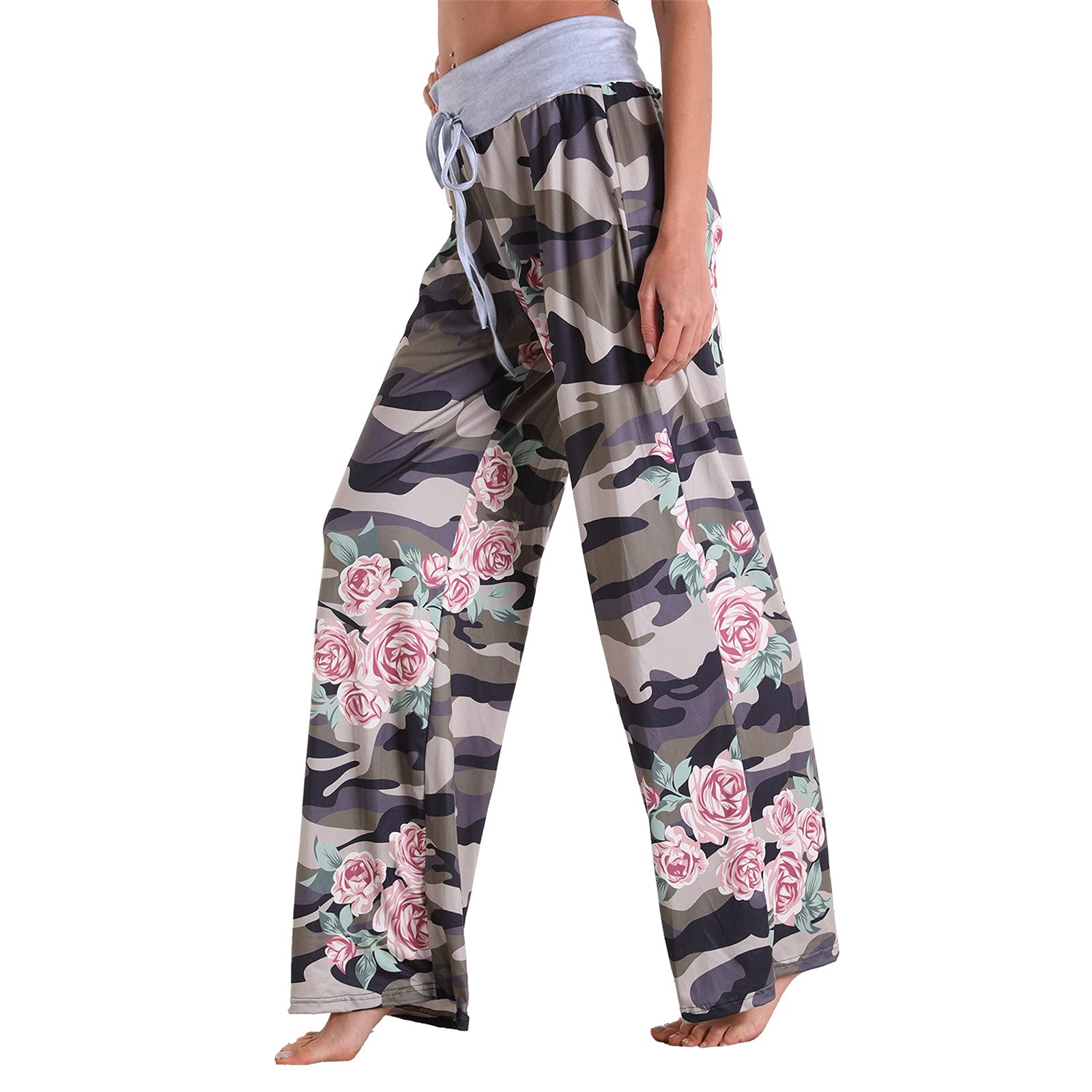 MAYW Women's High Waist Loose Casual Stretch Pants with Printing - Comfy Wide Leg Work Pants for Office, Travel & Everyday Wear
