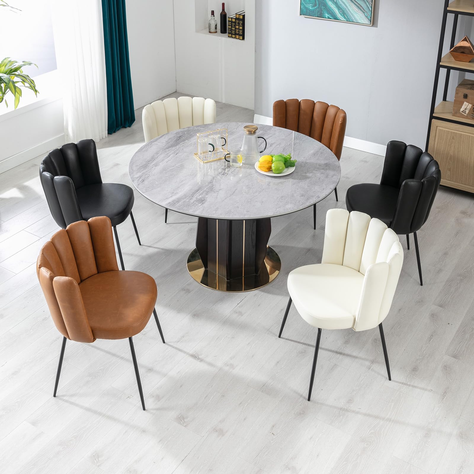 Modern Brown PU Leather Dining Chairs Set of 2 - Armless Faux Leather Upholstered Kitchen Side Chairs with Black Metal Legs - Perfect for Home, Kitchen, Living Room & Dining Room Decor