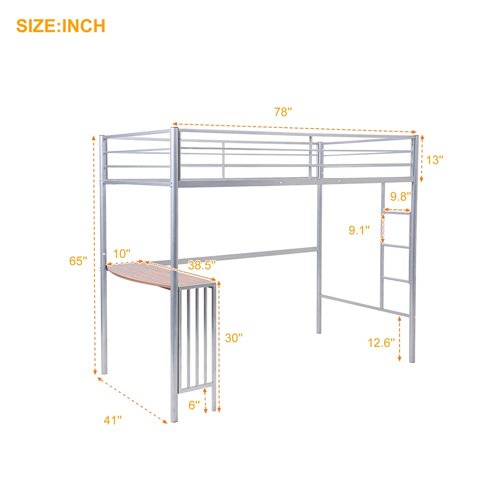 **Metal Loft Bed with Desk for Kids - Twin Size Space-Saving Bed Frame with Guardrails & Built-in Ladder, Under-Bed Storage (Silver) - Perfect for Small Rooms, Dorms & Apartments**