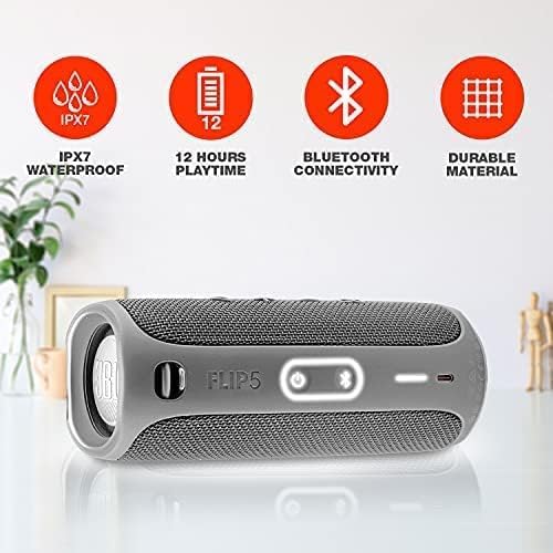 JBL Flip 5 Portable Bluetooth Speaker - IPX7 Waterproof Wireless Speaker with Rich Bass, 12 Hours Playtime - Perfect for Beach, Pool, Camping & Outdoor Adventures (Gray)
