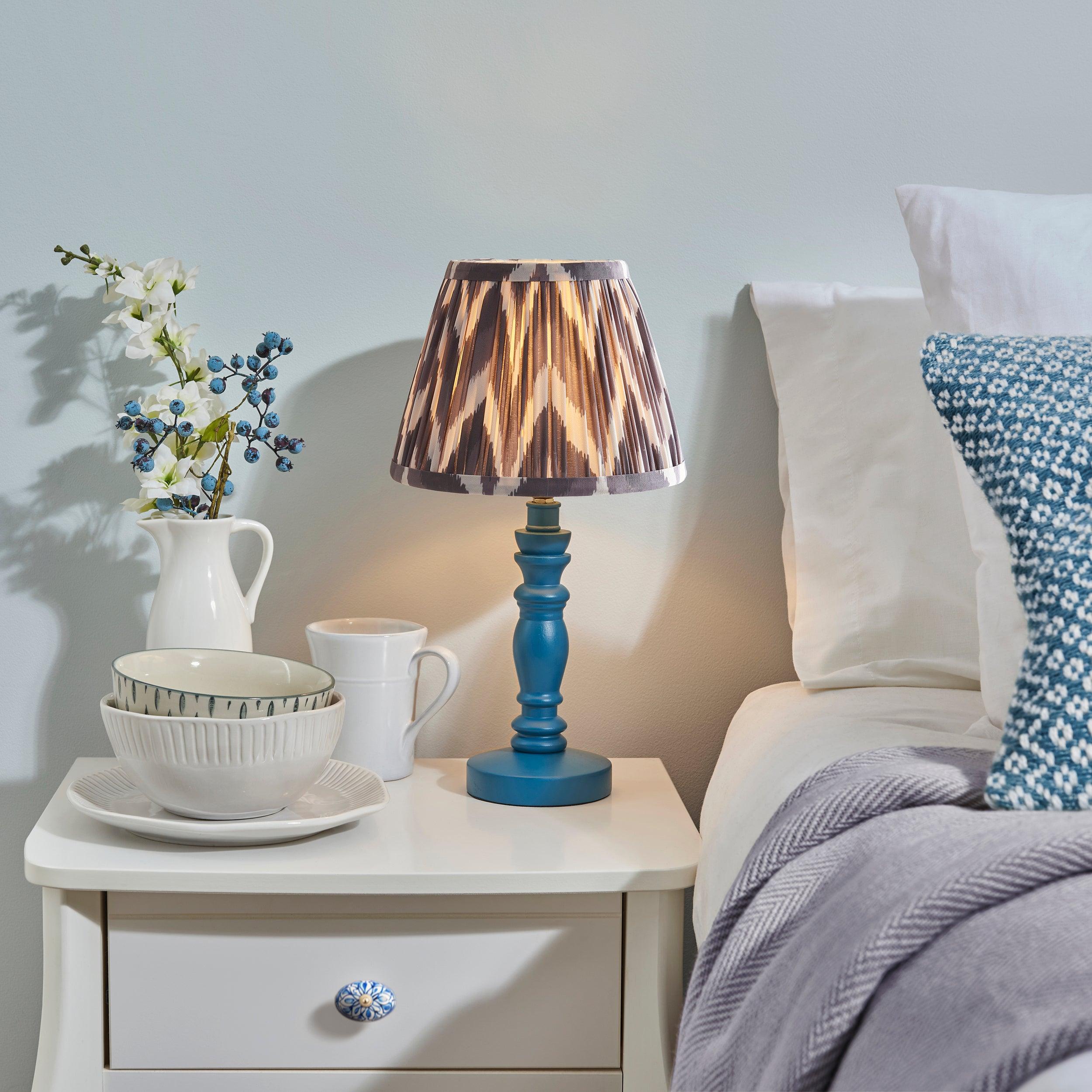 Bibury Blue Table Lamp with 20cm Zigzag Pearl Grey Shade - Perfect for Bedroom Nightstand, Living Room Side Table & Office Desk Lighting