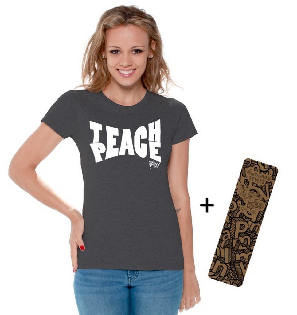 Women's Teach Peace Graphic T-Shirt - White Love Shirt with Free Bookmark - Casual Wear for Peace Activists & Teachers