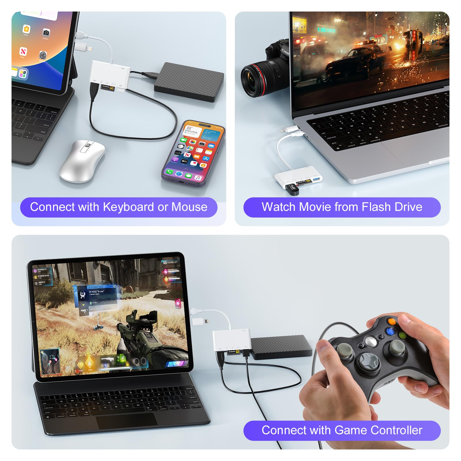 6-in-2 SD Card Reader for iPhone 15/14/13 & Samsung - Lightning to USB Adapter with SD/TF Slot, Dual USB Ports, USB-C PD 60W & Audio Port - Plug & Play OTG Memory Card Reader for Photos, Videos & Fast Charging (Perfect for Travel, Photography & Mobile Office)