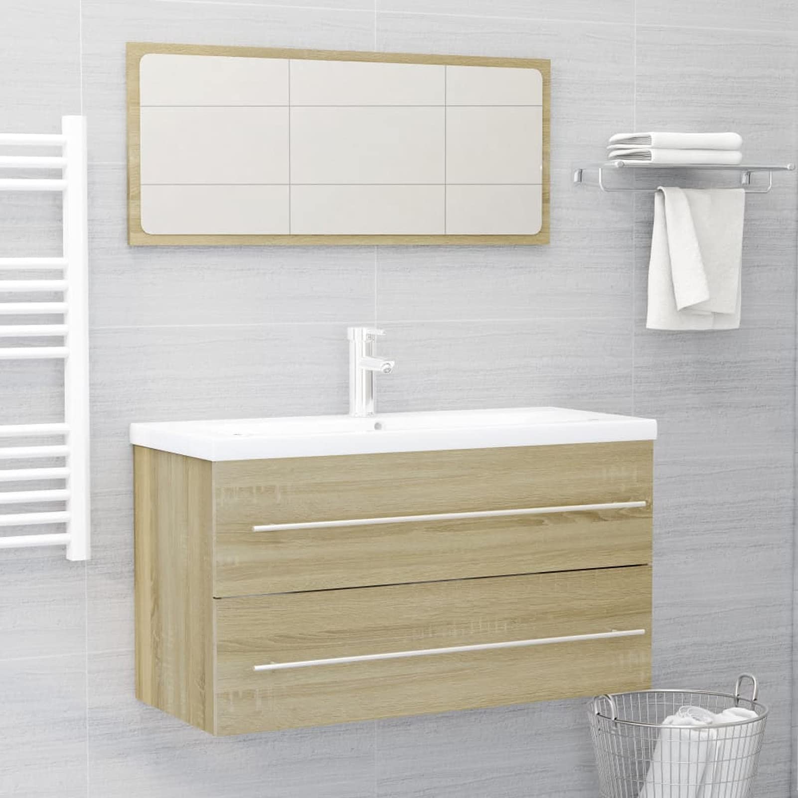 Festnight 2-Piece Bathroom Vanity Set with Mirror & Storage Cabinet - Sonoma Oak Finish Chipboard | Space-Saving Bathroom Organization for Small Spaces & Apartments