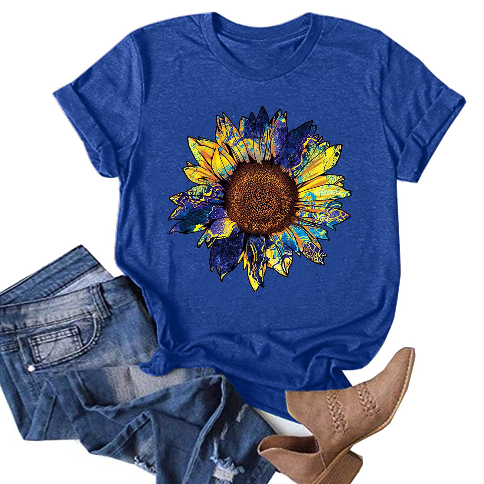 Women's Vintage Sunflower Graphic Printed T-Shirt - Casual Short Sleeve Loose Fit Summer Top for Women | Perfect for Beach Outings, Music Festivals & Everyday Wear