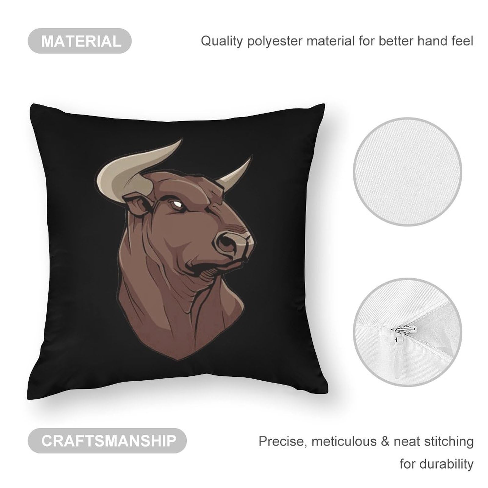 Premium Bull Head Polyester Pillow Cases - Soft & Smooth 16x16 Inch Cushion Covers for Sofa, Bed, or Couch - Elegant Home Decor for Living Room & Bedroom