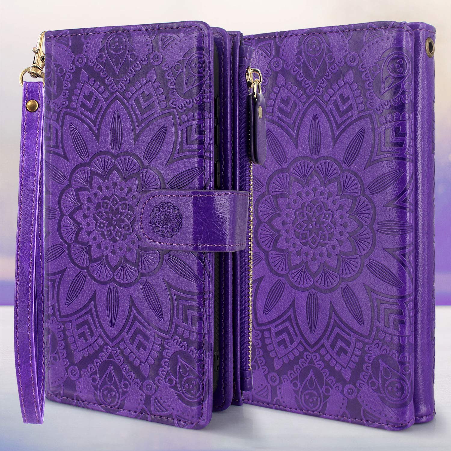 Harryshell Magnetic Wallet Case for iPhone 14/13 (6.1 inch) - Detachable 5G Compatible Cover with Zipper Cash Pocket, Multi Card Slots, Wrist Strap & Lanyard - Floral Flower Design (Purple) | Perfect for Travel, Shopping & Everyday Protection