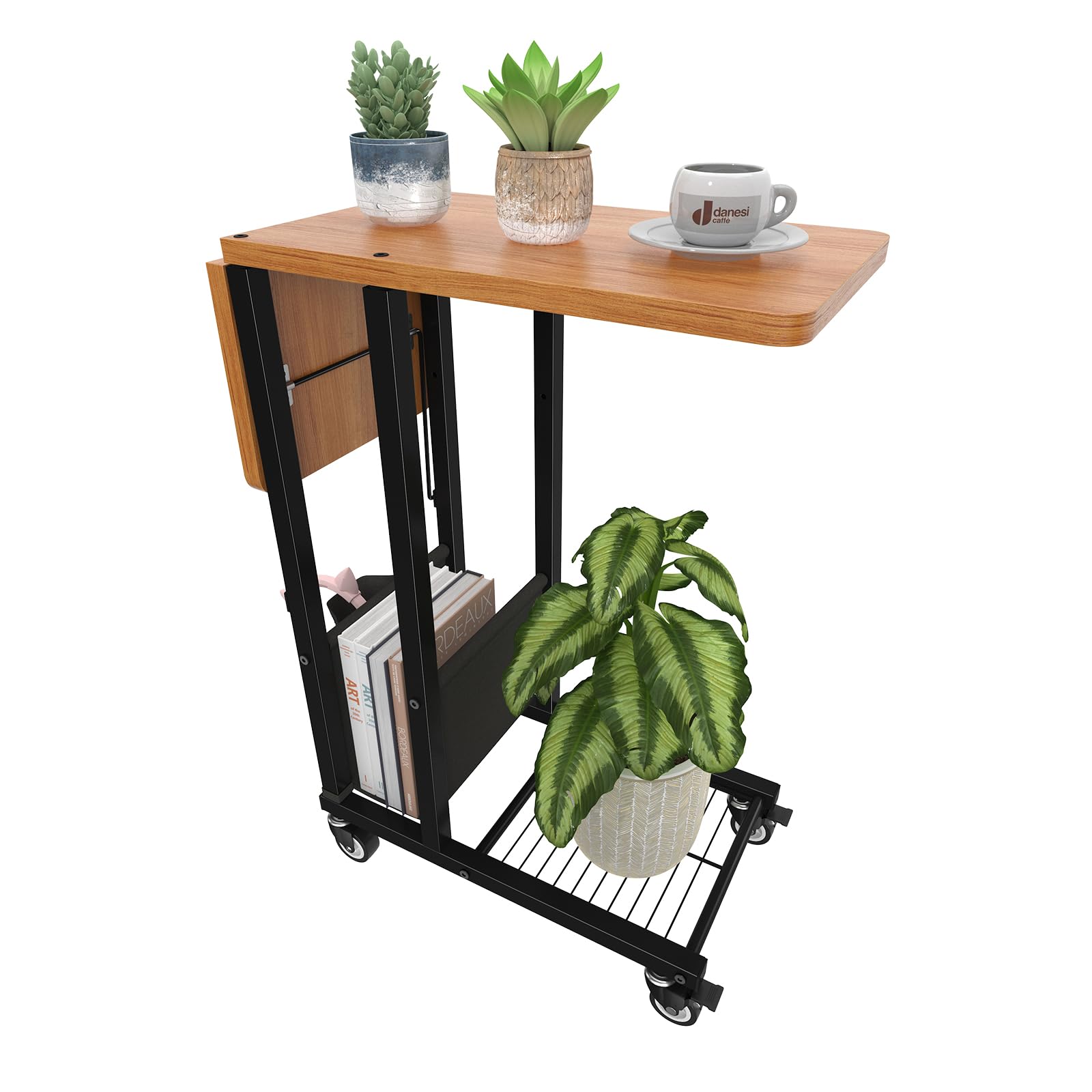 Trending C-Shaped End Table with Wheels - Foldable Small Side Table for Sofa, Couch & TV Tray - Black - Perfect for Living Room, Bedroom & Office Use