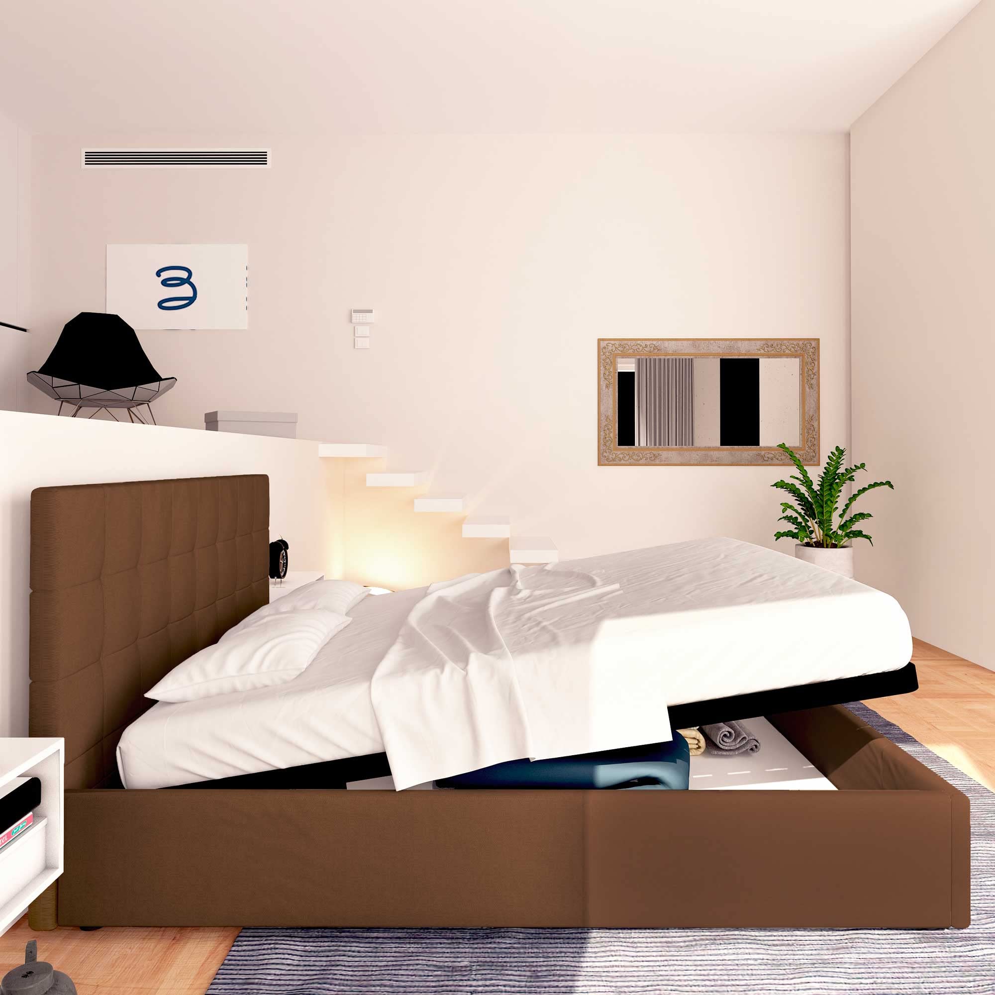 Baldiflex Single Bed with Dublin Fabric Storage, Slatted Base for 90x200cm Mattress, Elegant Brown Headboard - Perfect for Small Bedrooms, Guest Rooms & Studio Apartments