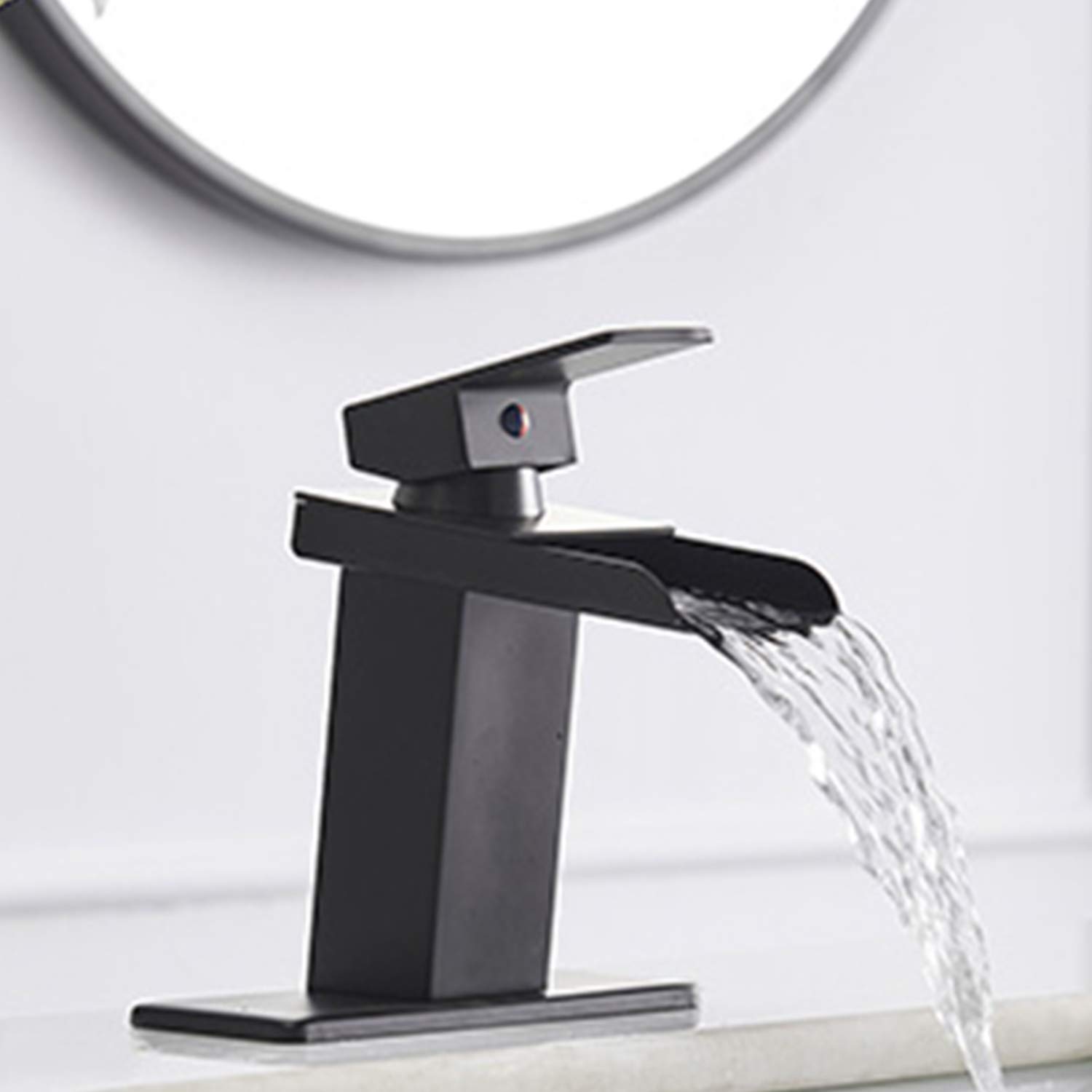 Modern Black Waterfall Bathroom Faucet - Single Hole Vanity Sink Faucet with Pop-Up Drain & Deck Plate - Matte Finish Single Handle Lavatory Mixer Tap for Bathroom, RV & Commercial Use - Sleek Design for Modern Home Decor