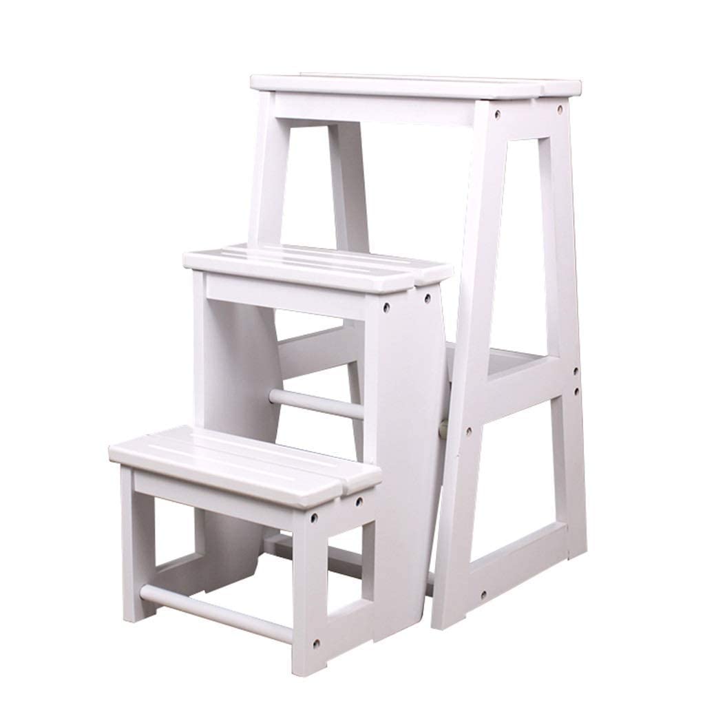 3-Step Foldable Wooden Kitchen Step Stool for Adults - Compact Ladder for High Beds, Shelves & Storage - White | Perfect for Home, Kitchen, Bathroom & Kids' Room