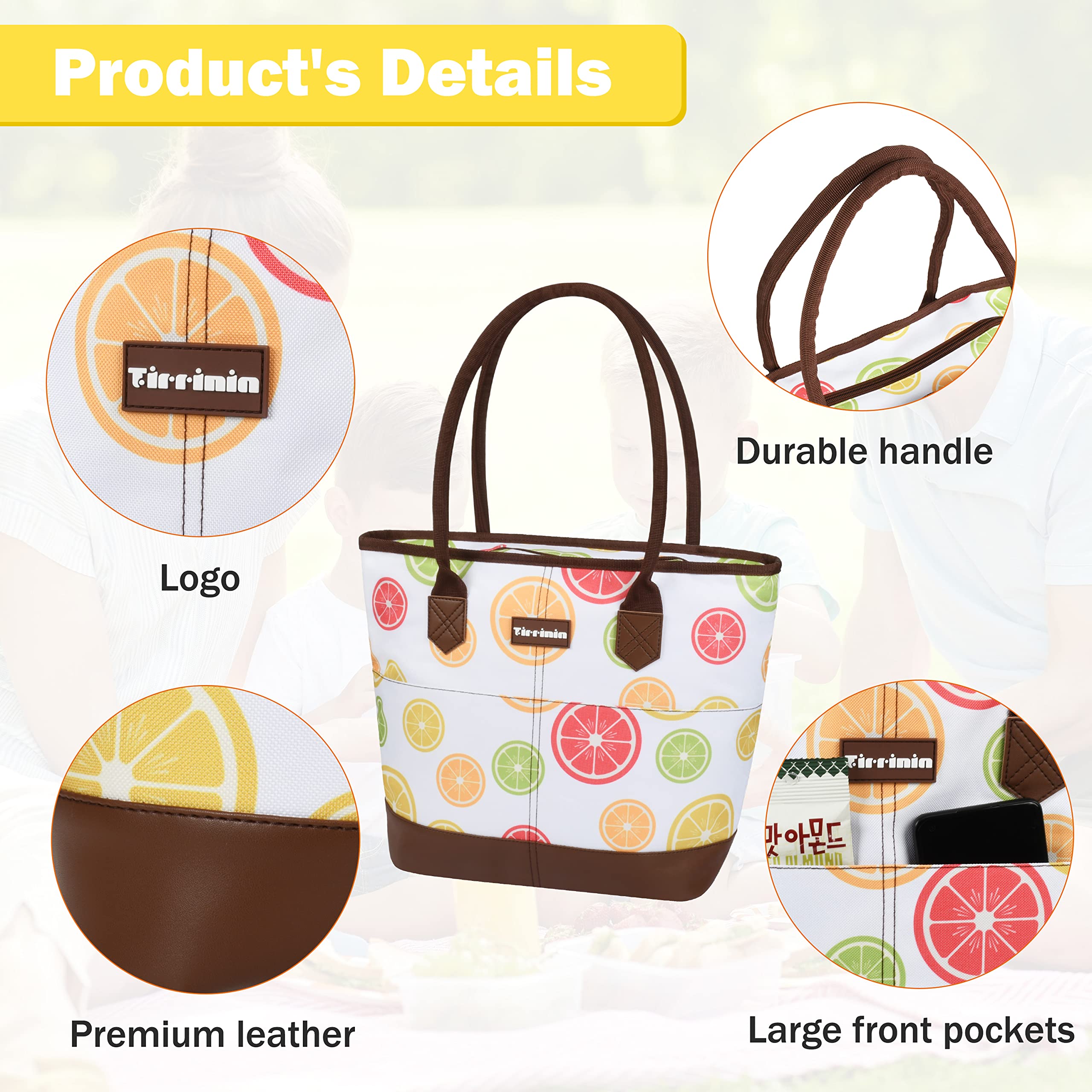 Tirrinia Insulated Lunch Cooler Bag for Women - Waterproof Large Lunch Box with Front Pockets - Yellow Lemon - Perfect for Work, School, Picnics & Outdoor Activities