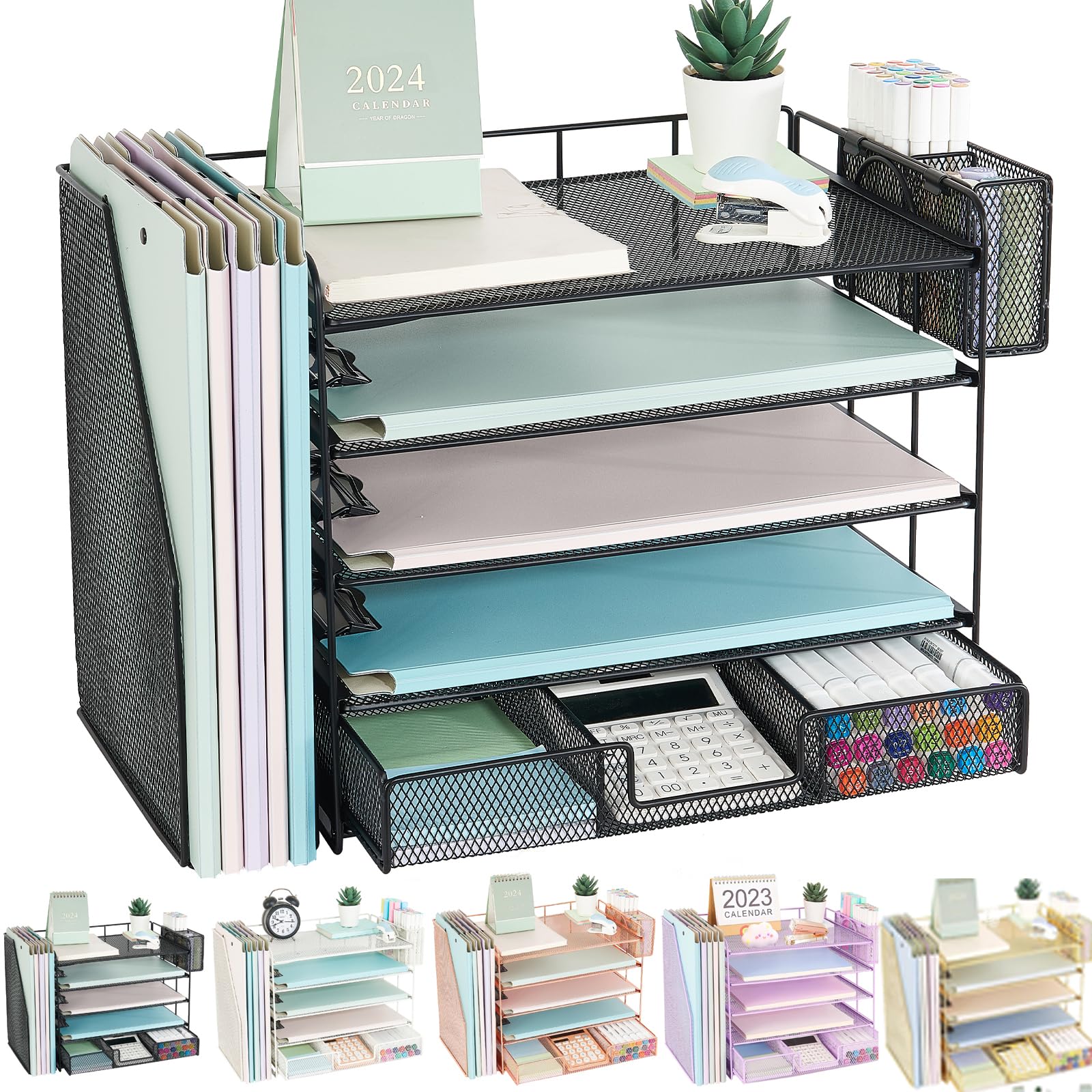Youbetia 5-Tier Mesh Paper Tray Organizer with File Holder & Pen Storage - Black Desk Organizer for Office Supplies, Workspace Accessories | Perfect for Home Office, School Desk & Workplace Organization