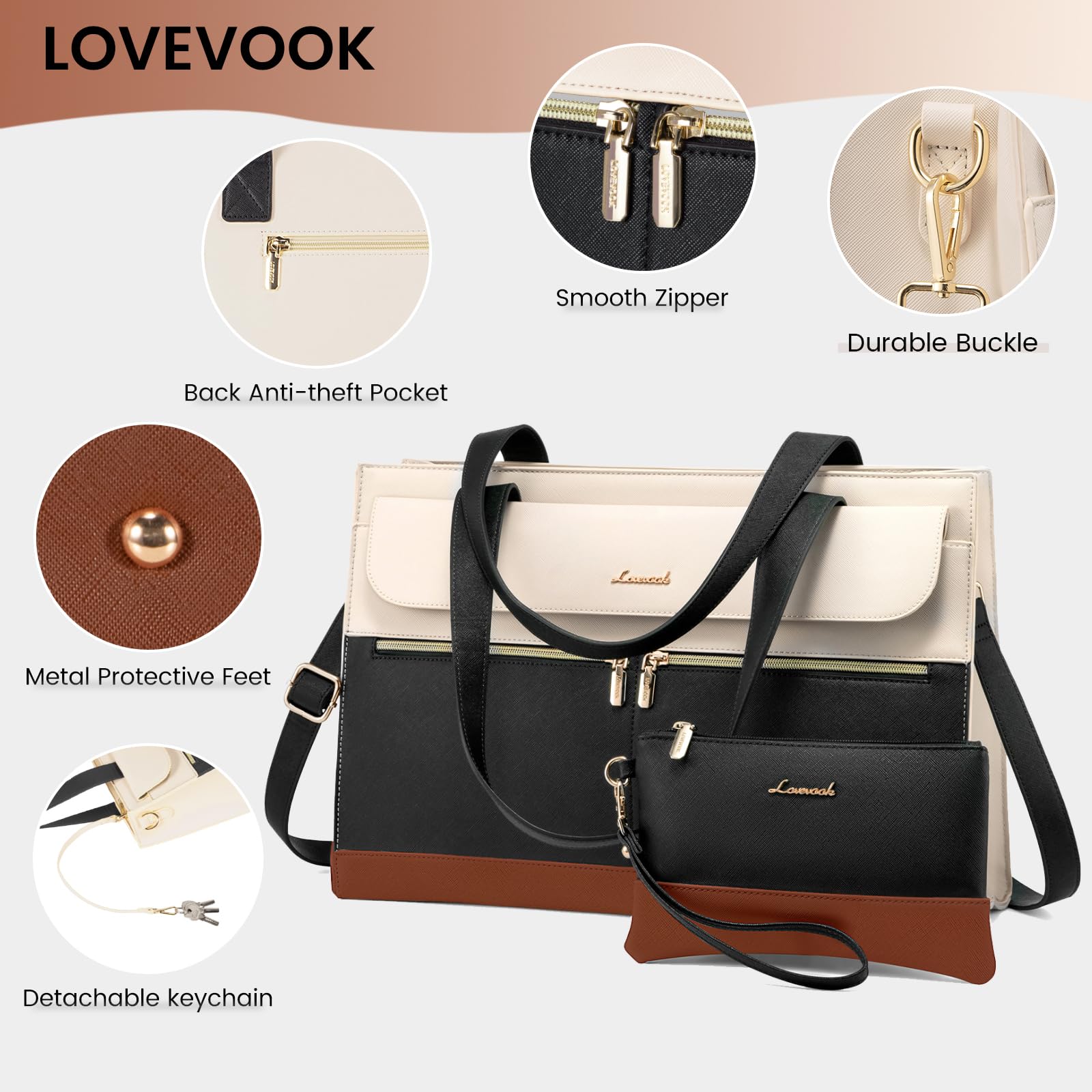 LOVEVOOK 15.6 Inch Leather Laptop Tote Bag for Women - Waterproof Professional Computer Briefcase, Large Capacity Business Shoulder Bag, Crossbody Purse for Office, Work, Teacher, and Travel Use