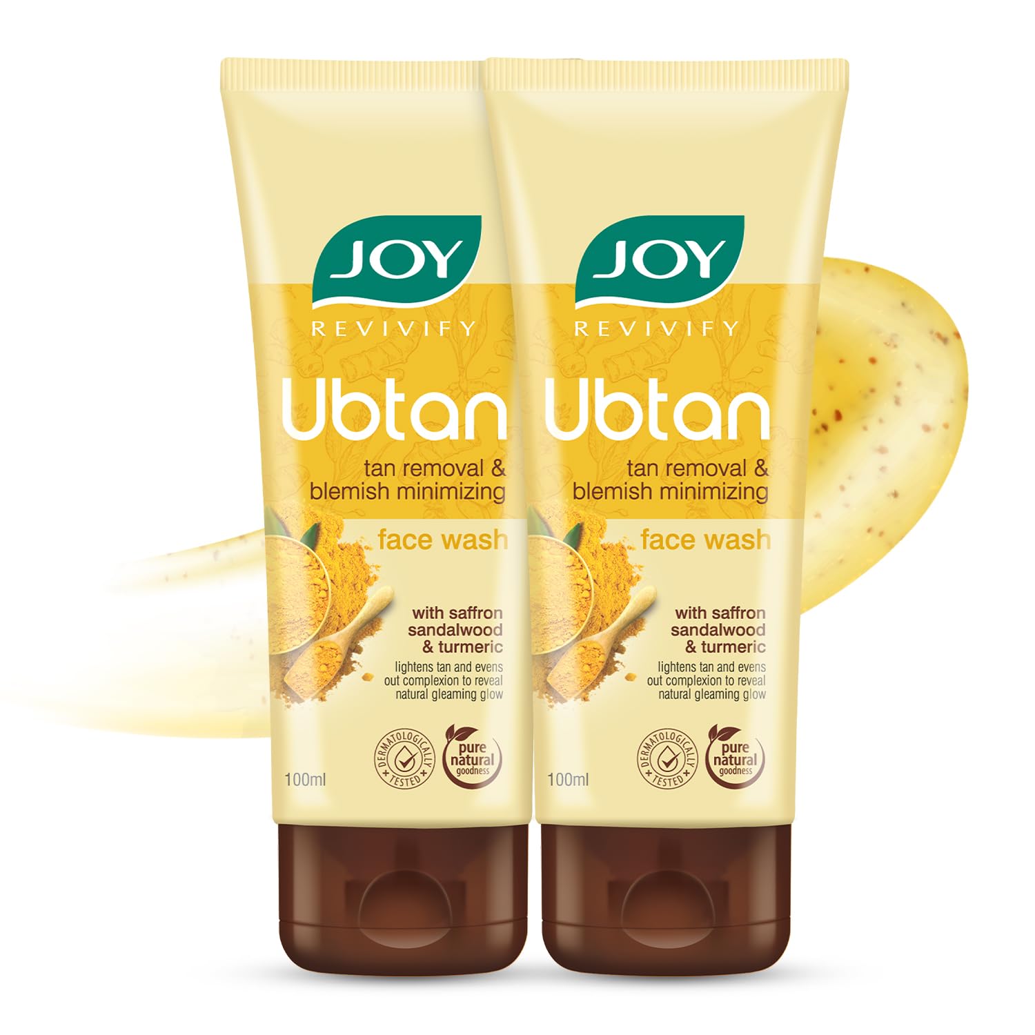 Joy Ubtan Tan Removal Face Wash 100ml (Pack of 2) - Brightening Facial Cleanser with Turmeric, Saffron & Sandalwood | Detans, Removes Dirt & Blemishes for Glowing Skin | Suitable for All Skin Types | Perfect for Daily Skincare Routine & Summer Tan Removal