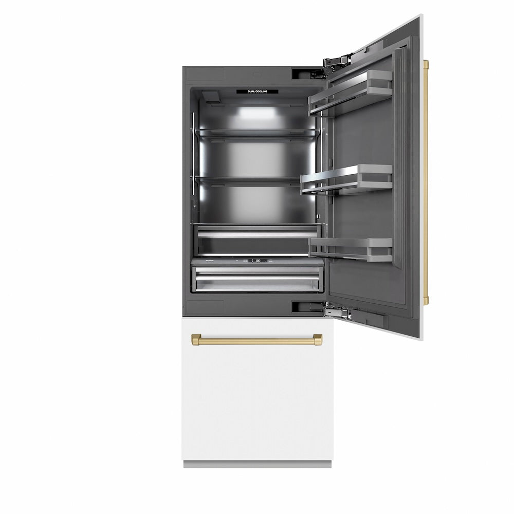ZLINE Autograph Edition 30-Inch Built-In Bottom Freezer Refrigerator - 16.1 cu.ft Capacity, Water Dispenser & Ice Maker - White Matte Exterior with Graphite Gray Interior & Champagne Bronze Accents (GRBIVZ WM 30 CB) - Perfect for Modern Kitchens, Open-Concept Homes & Luxury Appliances Collection