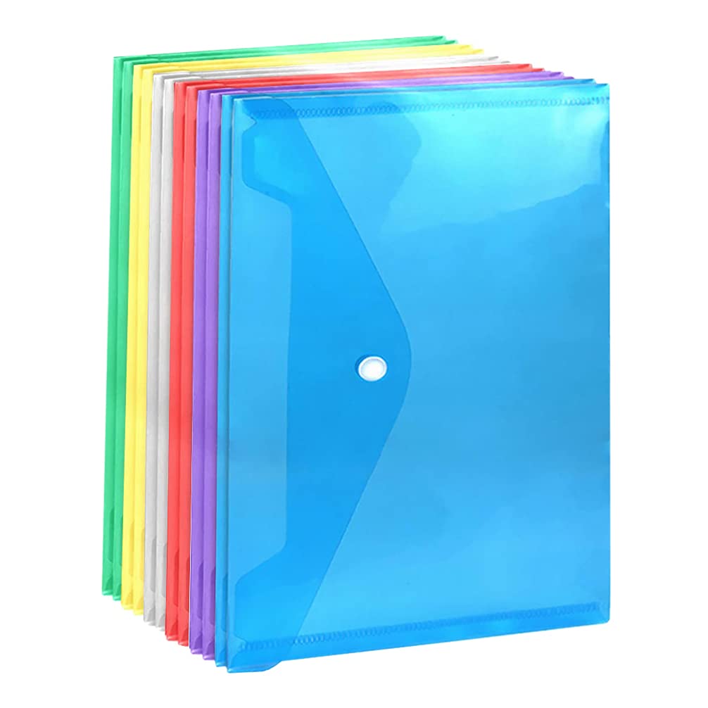 Hemobllo 12-Pack Clear Plastic File Folders - A4 Document Envelopes with Button Closure for Office, School & Home Organization | PP Storage Pouches for Papers, Receipts & Important Files