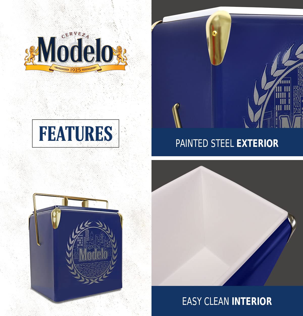 Vintage Style Retro Ice Chest Cooler 13L (14 qt) - 18 Can Capacity, Blue & Gold, Built-in Bottle Opener - Perfect for Camping, Beach, Picnics, RV Trips, BBQs, Tailgating & Fishing Adventures