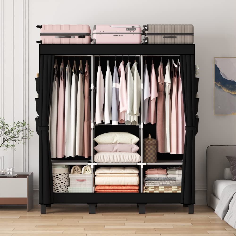 Portable Wardrobe Closet with 3 Hanging Bars & 18 Side Pockets - 17.7