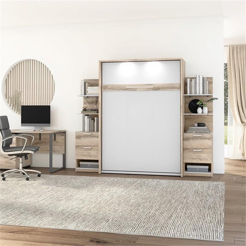 Modern Wood Full Murphy Bed with Nightstands - Rustic Brown & White Finish | Space-Saving Wall Bed for Small Apartments, Guest Rooms & Home Offices