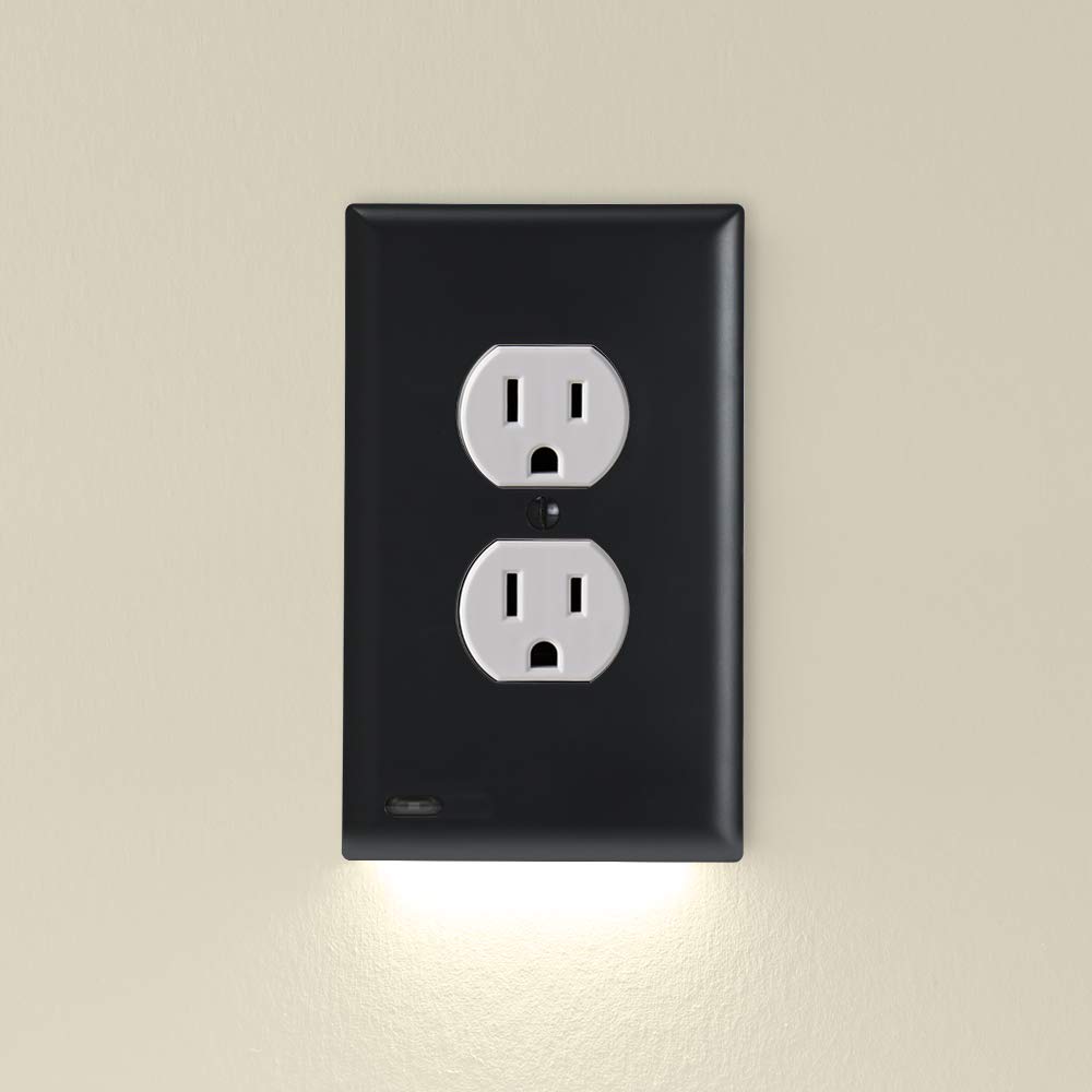 SnapPower 2 Pack GuideLight 2 LED Night Light Wall Plate for Duplex Outlets - Auto On/Off Sensor, Black - Replace Plug-in Night Lights - Perfect for Hallways, Bedrooms & Bathrooms