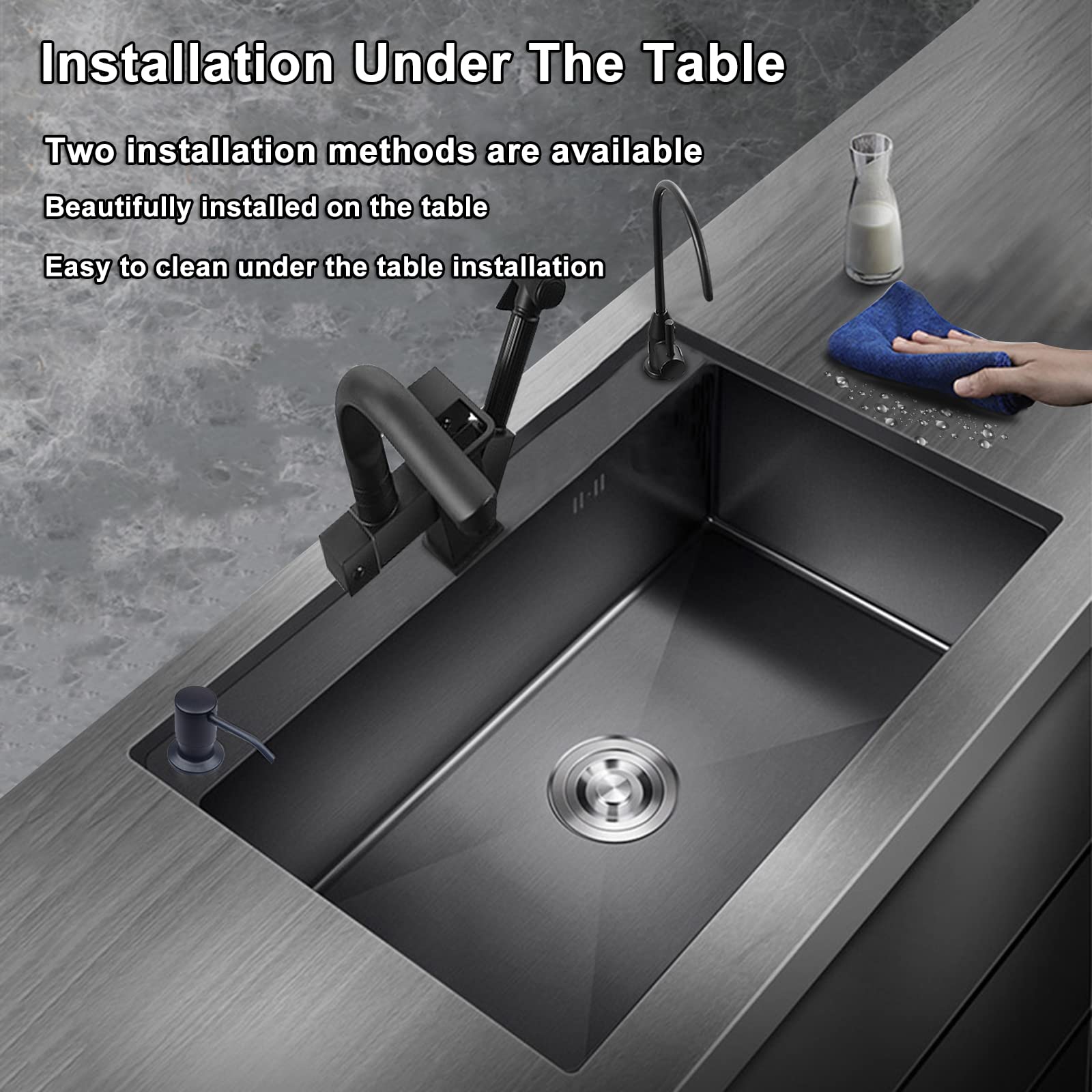 Undermount Single Bowl Kitchen Sink with Faucet - 304 Stainless Steel Large Capacity Black Nano Coating - Durable Thick Design for Home Use - Perfect for Meal Prep, Dishwashing & Modern Kitchens