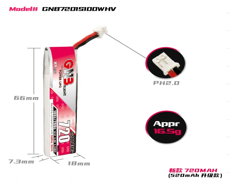 GAONENG GNB 3.8V 720mAh 100C 1S LiPo Battery with PH2.0 Connector - High Performance RC Drone Battery (4-Pack) - Perfect for FPV Racing, RC Cars, and DIY Electronics Projects