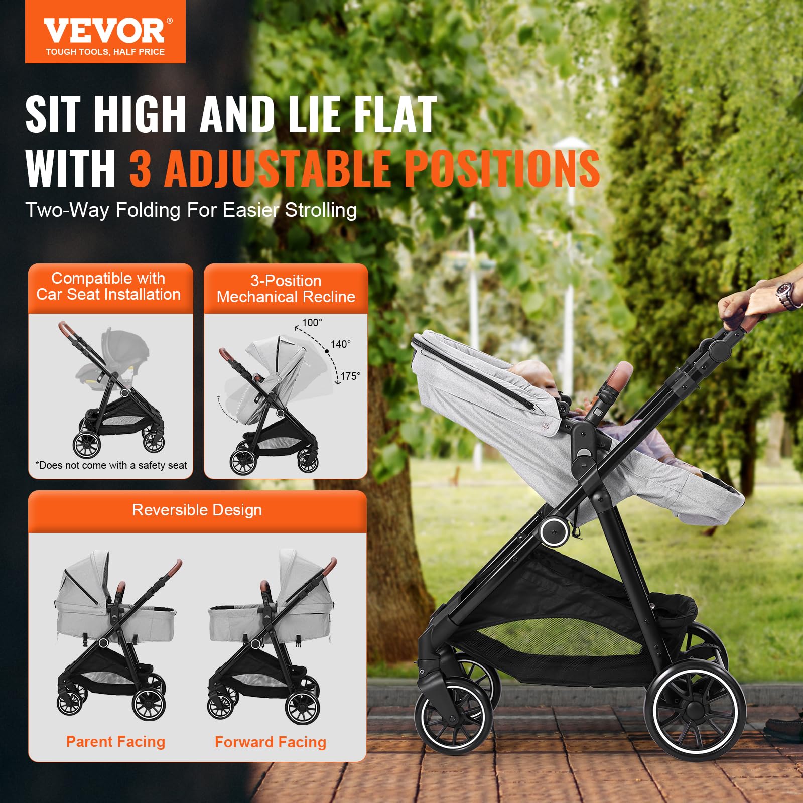 VEVOR Standard Baby Stroller with Bassinet - 3-Position Adjustable Reversible Seat, Foldable Lightweight Design, Carbon Steel Frame & Mesh Net Cover - Perfect for Newborns to Toddlers (Light Grey) | Ideal for Daily Walks, Shopping & Travel