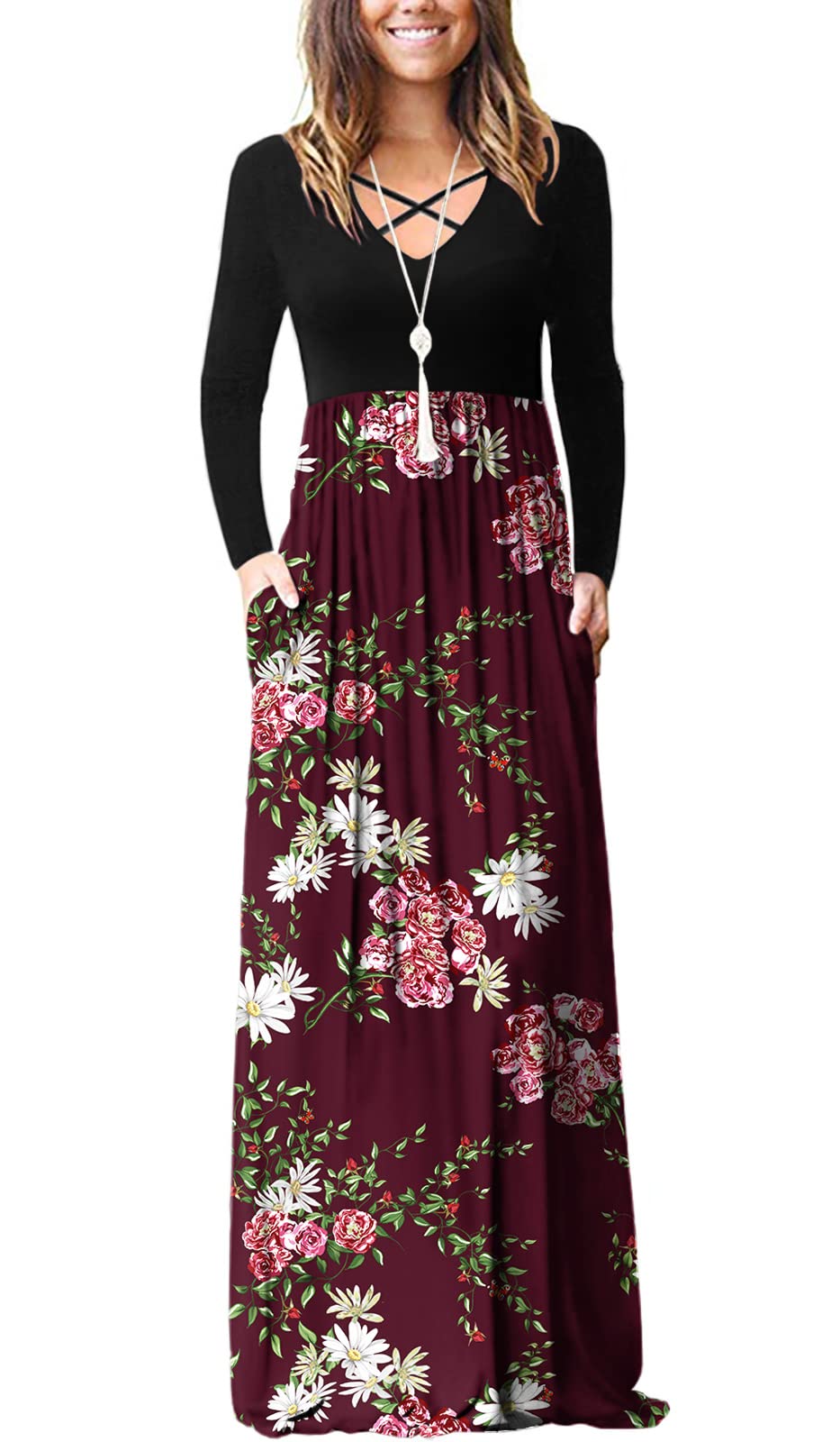 LILBETTER Women's Long Sleeve Casual Maxi Dress with Pockets - Loose Plain Long Dresses for Everyday Wear, Beach Cover Up, and Date Night Outfits