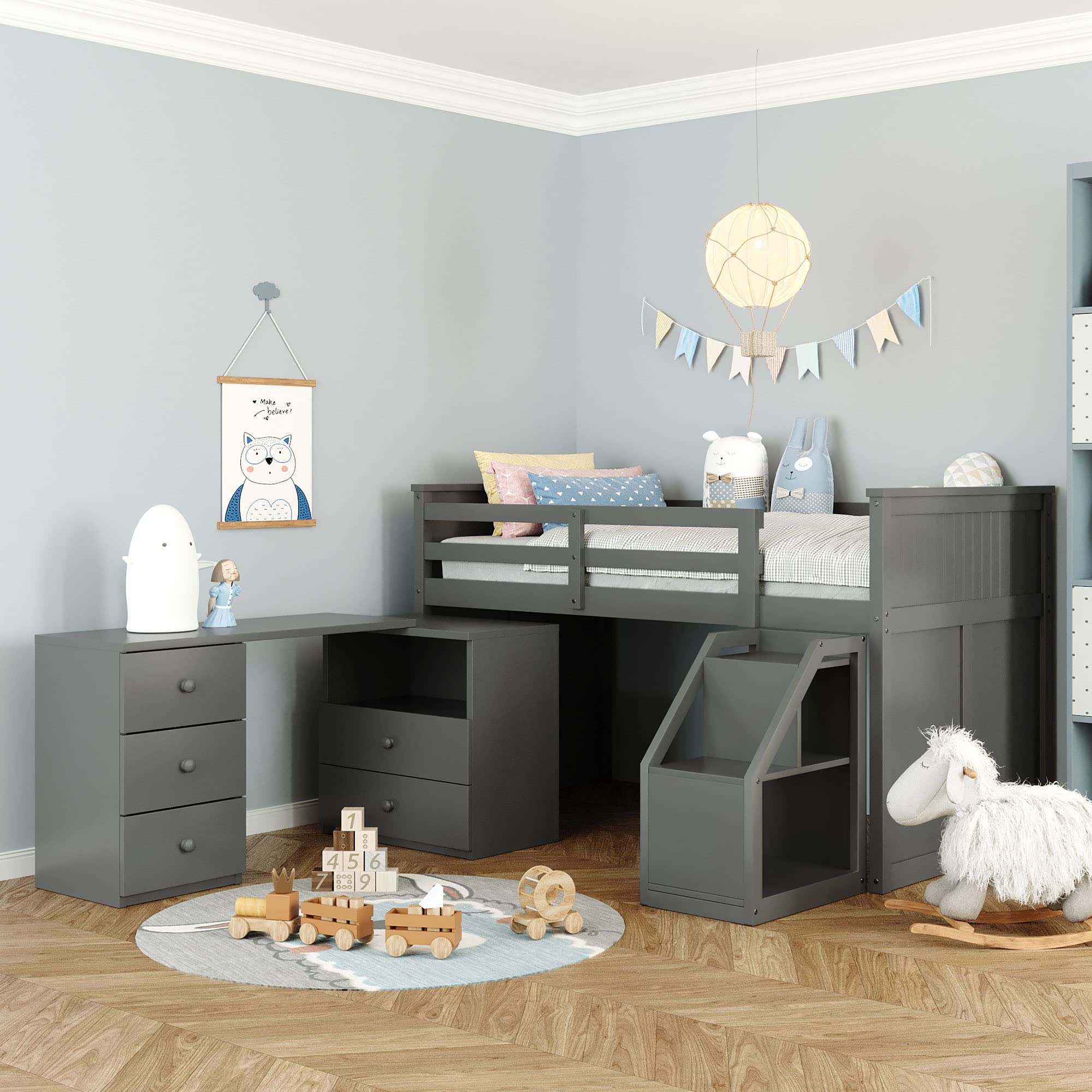 SOFTSEA Kids Loft Bed with Desk & Storage - Twin Study Bed for Small Spaces (Gray)