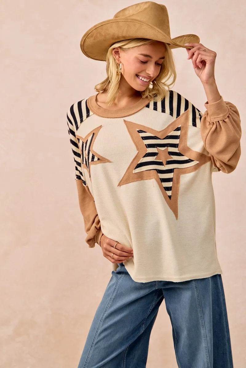 BiBi Star Patchwork Mixed Long Sleeve Top for Women - Stylish Boho Chic Blouse for Casual Wear, Date Night & Office Outfits