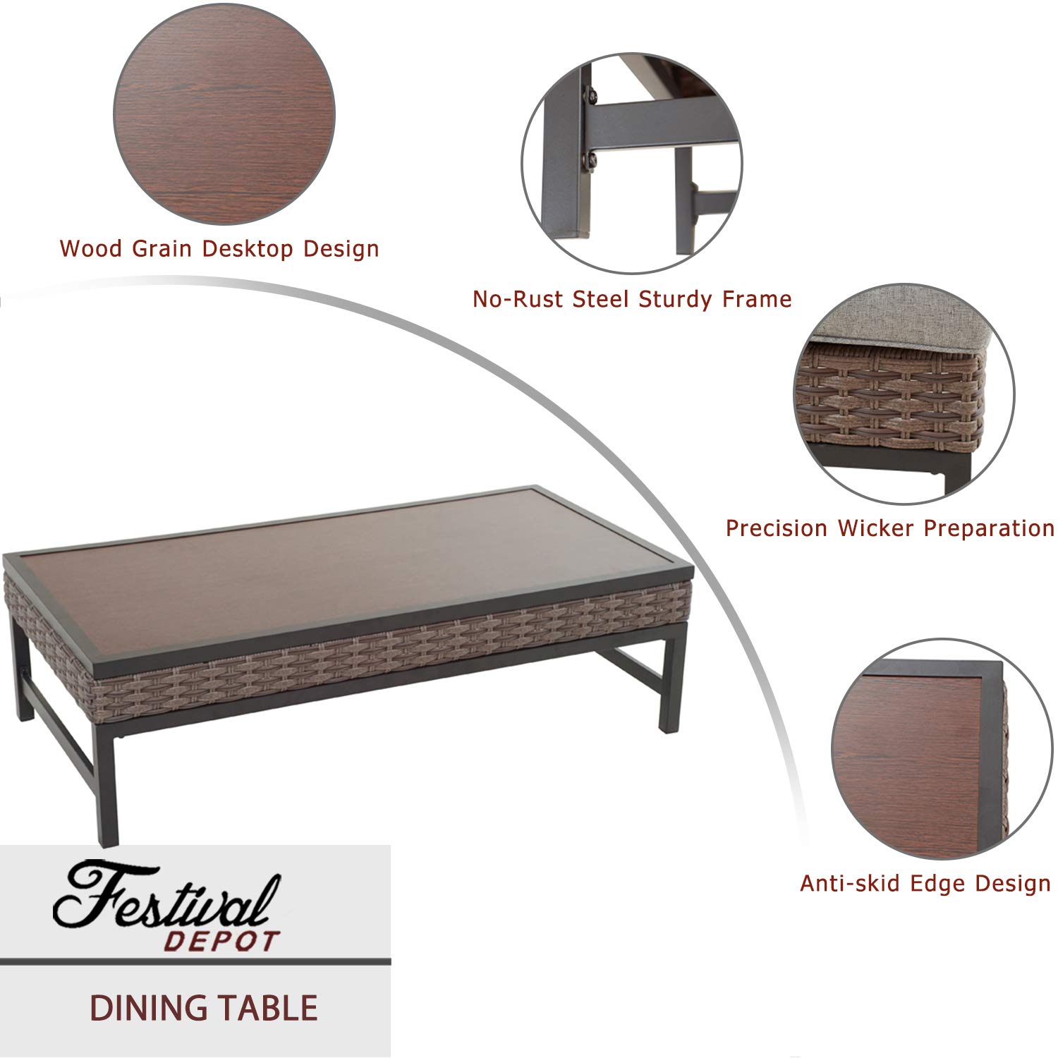 Festival Depot Metal Outdoor Side Coffee Table - Wood Grain Top Wicker Rattan Patio Furniture with Steel Legs in Brown/Black (Rectangle) - Perfect for Garden, Balcony, Living Room & Dining Area Decor