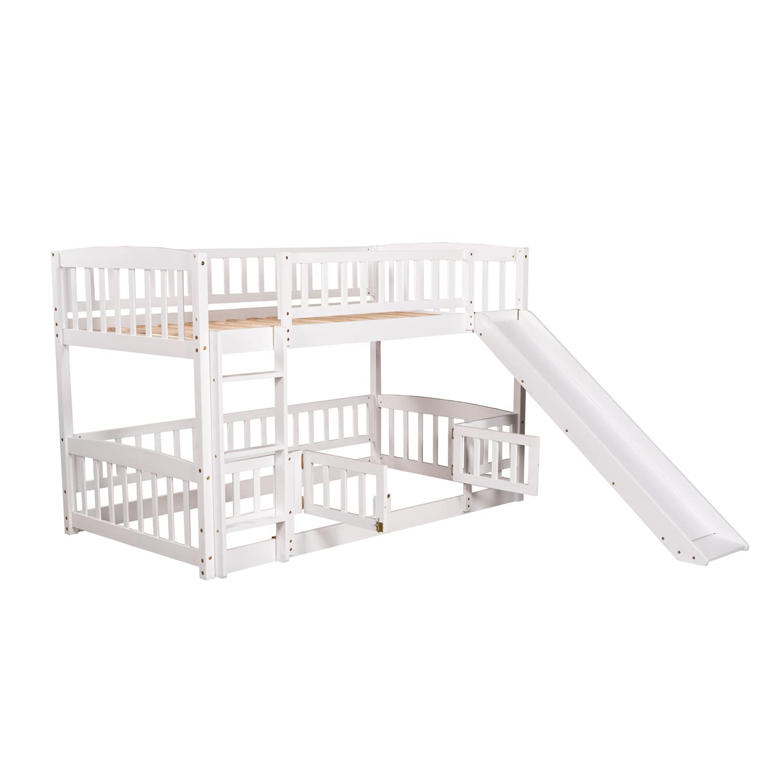Harper & Bright Designs Twin Over Twin Low Bunk Bed with Slide - Wooden Floor Bunk Bed Frame with Safety Rails for Kids, Toddlers, Boys & Girls - Perfect for Small Bedrooms, Playrooms & Sleepovers (White)