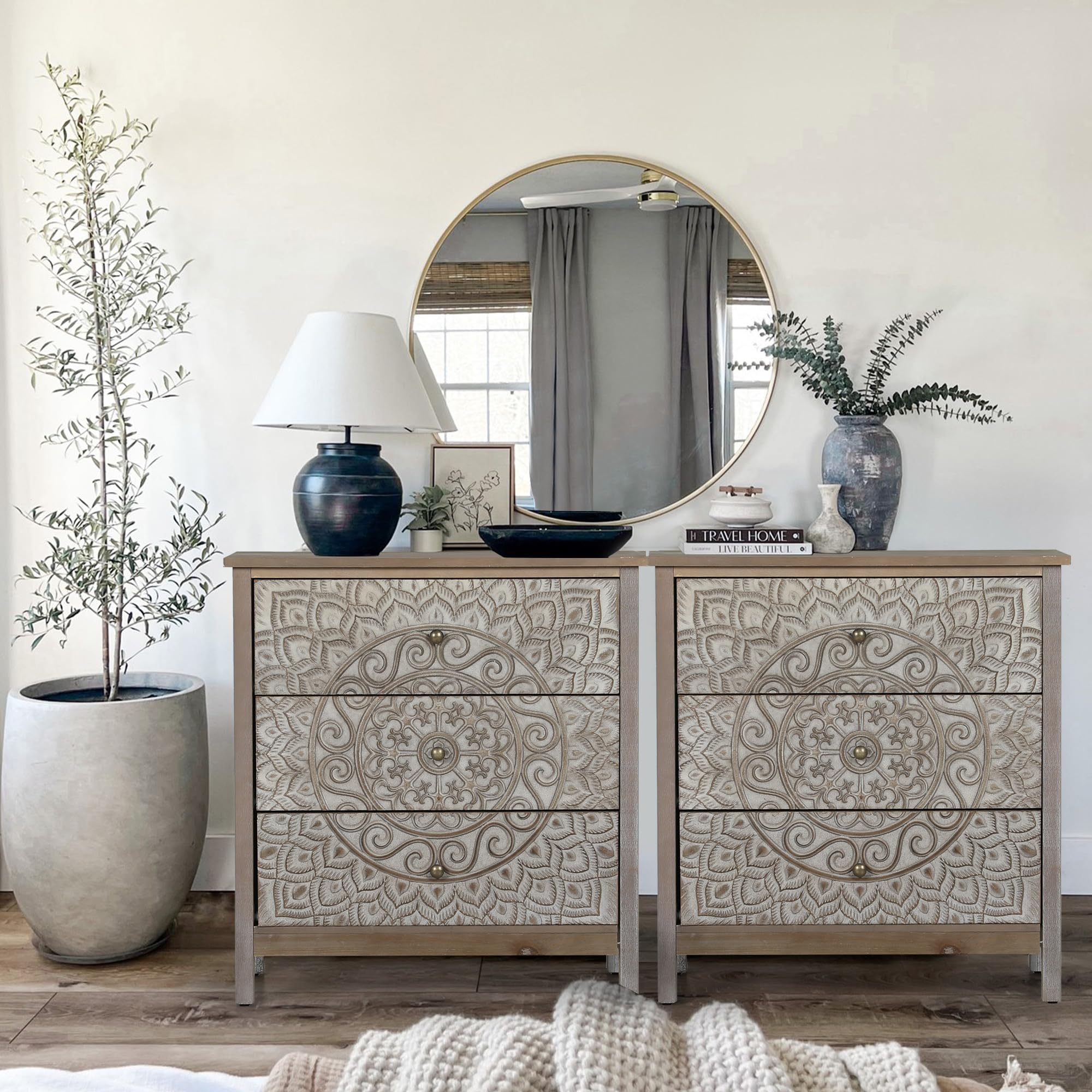 PHI VILLA Rustic Farmhouse Accent Cabinet with 3 Drawers - Entryway Storage Chest, Dresser for Bedroom, Living Room & Hallway Organization | Solid Wood Chest of Drawers for Home Decor