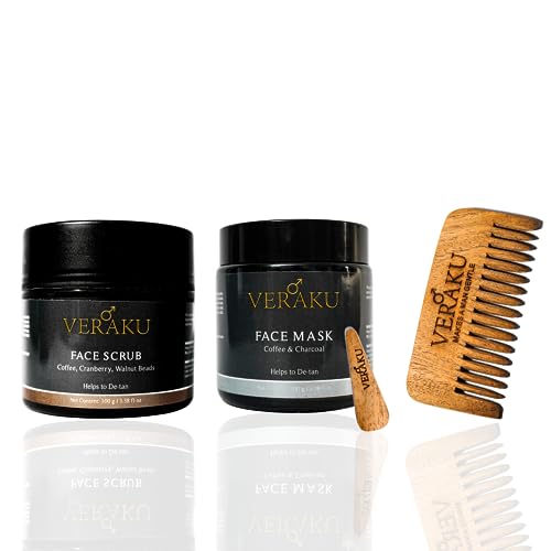 Veraku Coffee Cranberry Walnut Beads Face Scrub, Coffee Charcoal Face Mask & Beard Comb Set - Exfoliating & Detoxifying Skincare Combo for Men & Women - Perfect for Daily Cleansing, Blackhead Removal & Beard Grooming
