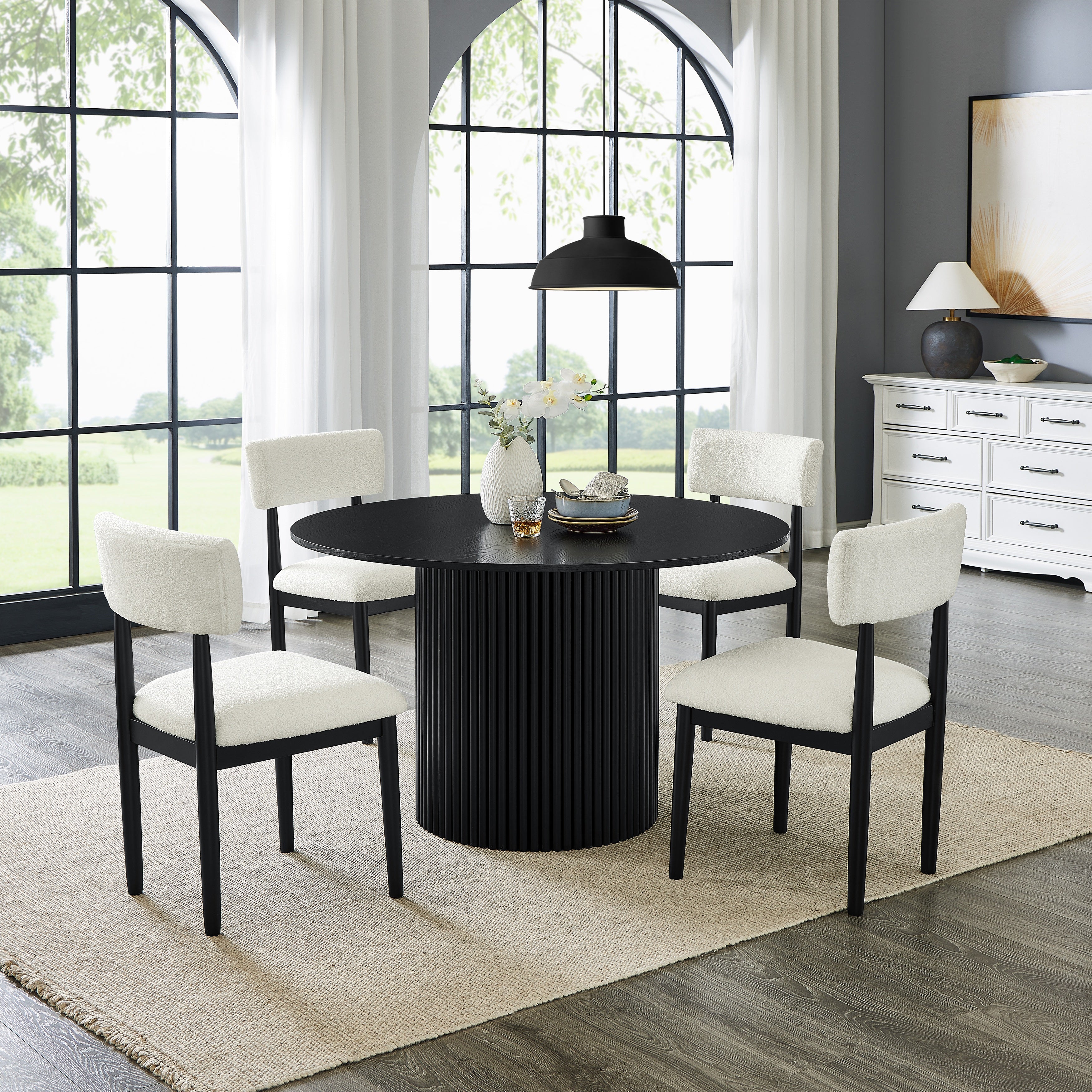 Roundhill Furniture Henriet 5-Piece Round Dining Set with Pedestal Table & 4 Chairs - Black | Modern Kitchen & Dining Room Furniture for Small Spaces | Perfect for Breakfast Nooks, Apartments & Cozy Homes