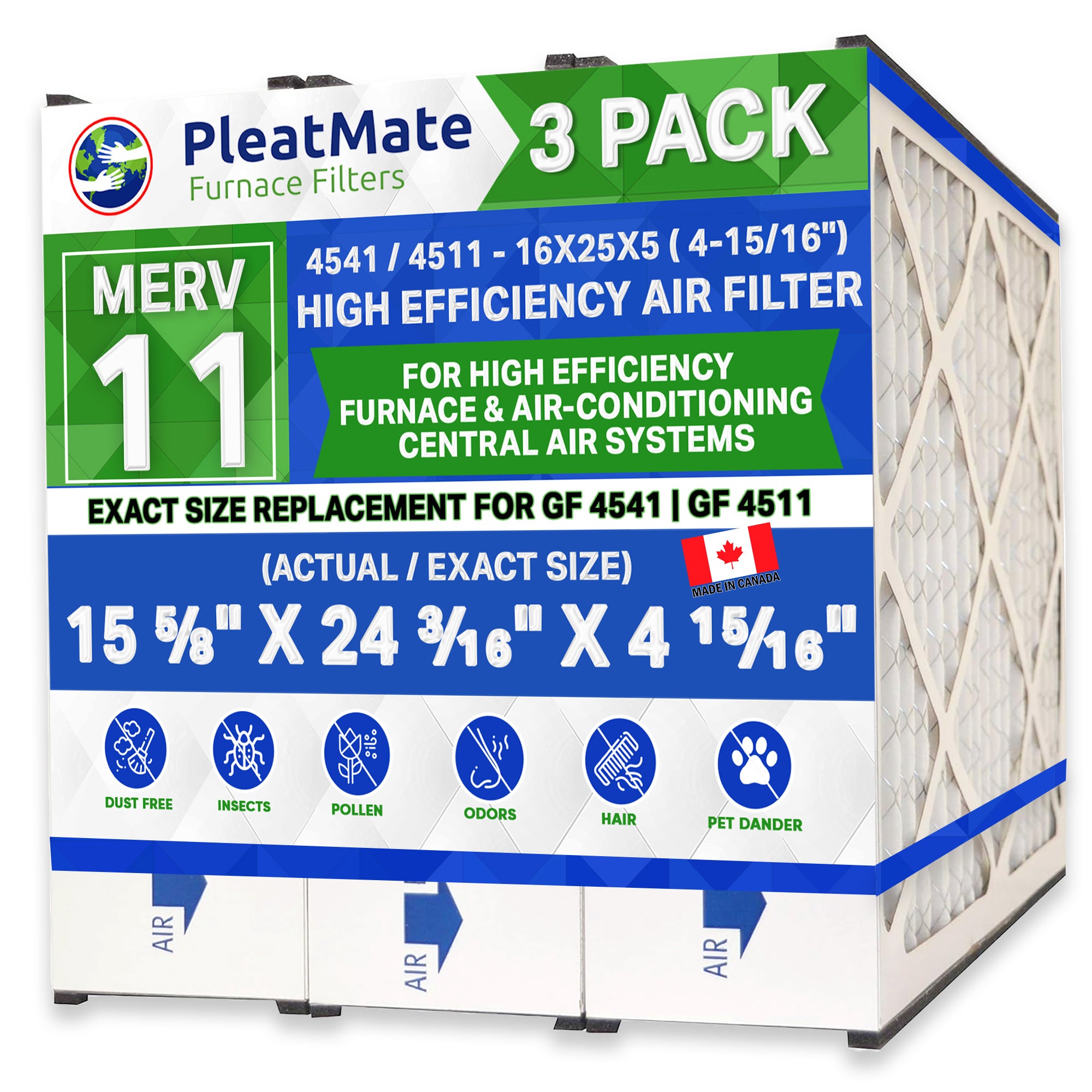 Generalaire 4511 16x25x5 MERV 11 Air Filter - Case of 3 | Compatible with MAC 1400 Air Cleaners | Actual Size 15 5/8