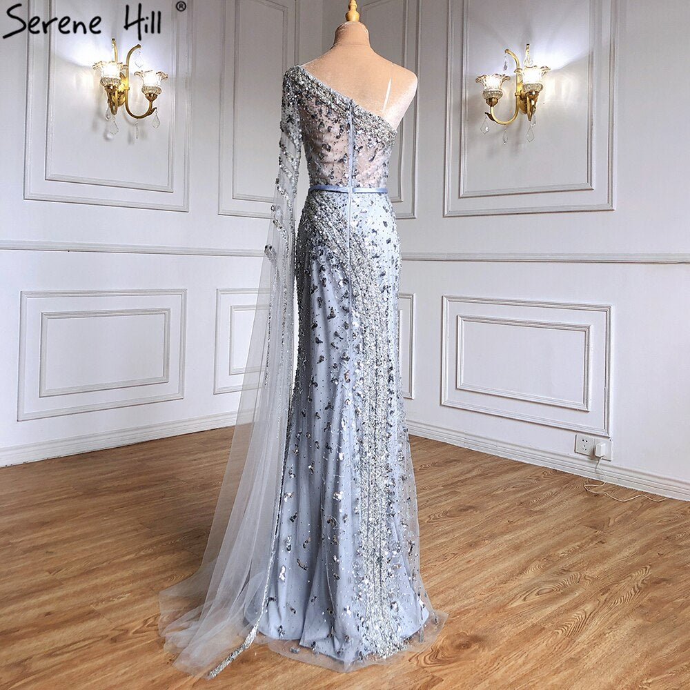 Serene Hill Grey Mermaid Evening Gown 2025 - Elegant Beaded Cape Sleeve Dress for Women | Luxury Party Dress for Prom, Gala & Formal Events