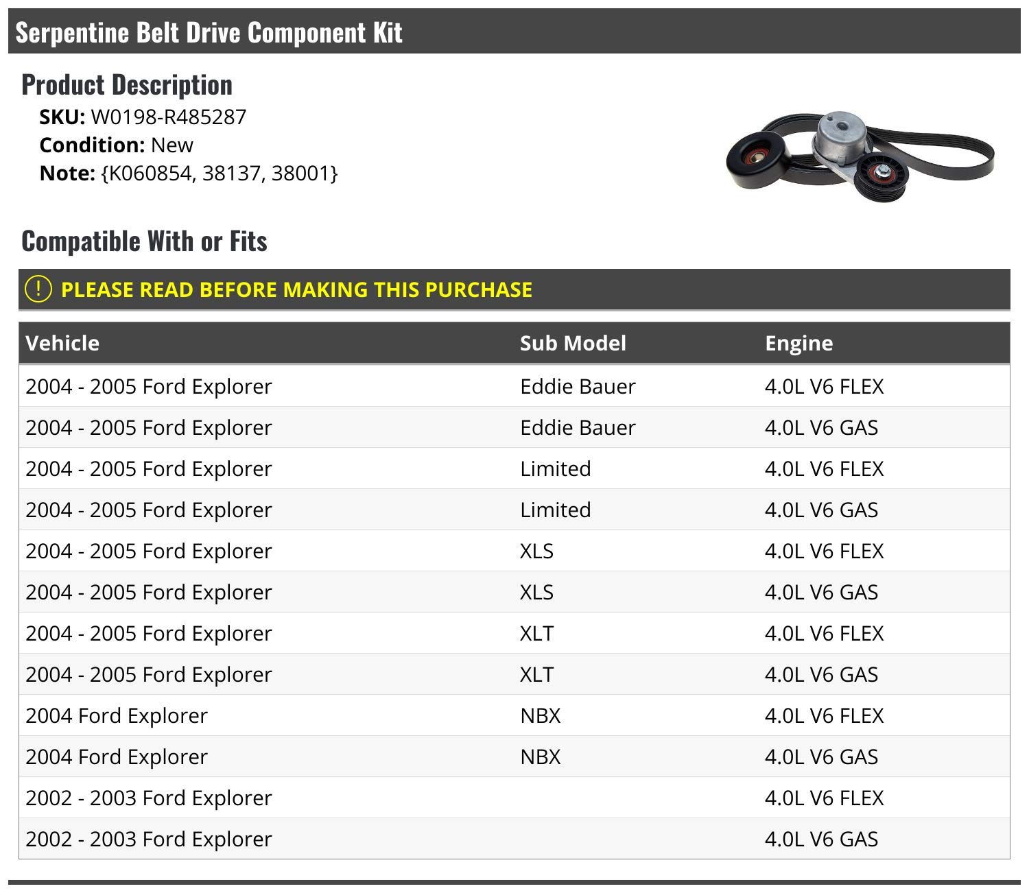 High-Quality Serpentine Belt Drive Component Kit - Compatible with 2002-2005 Ford Explorer 4.0L V6 | Durable Replacement Parts for Smooth Engine Performance | Perfect for DIY Repairs & Maintenance