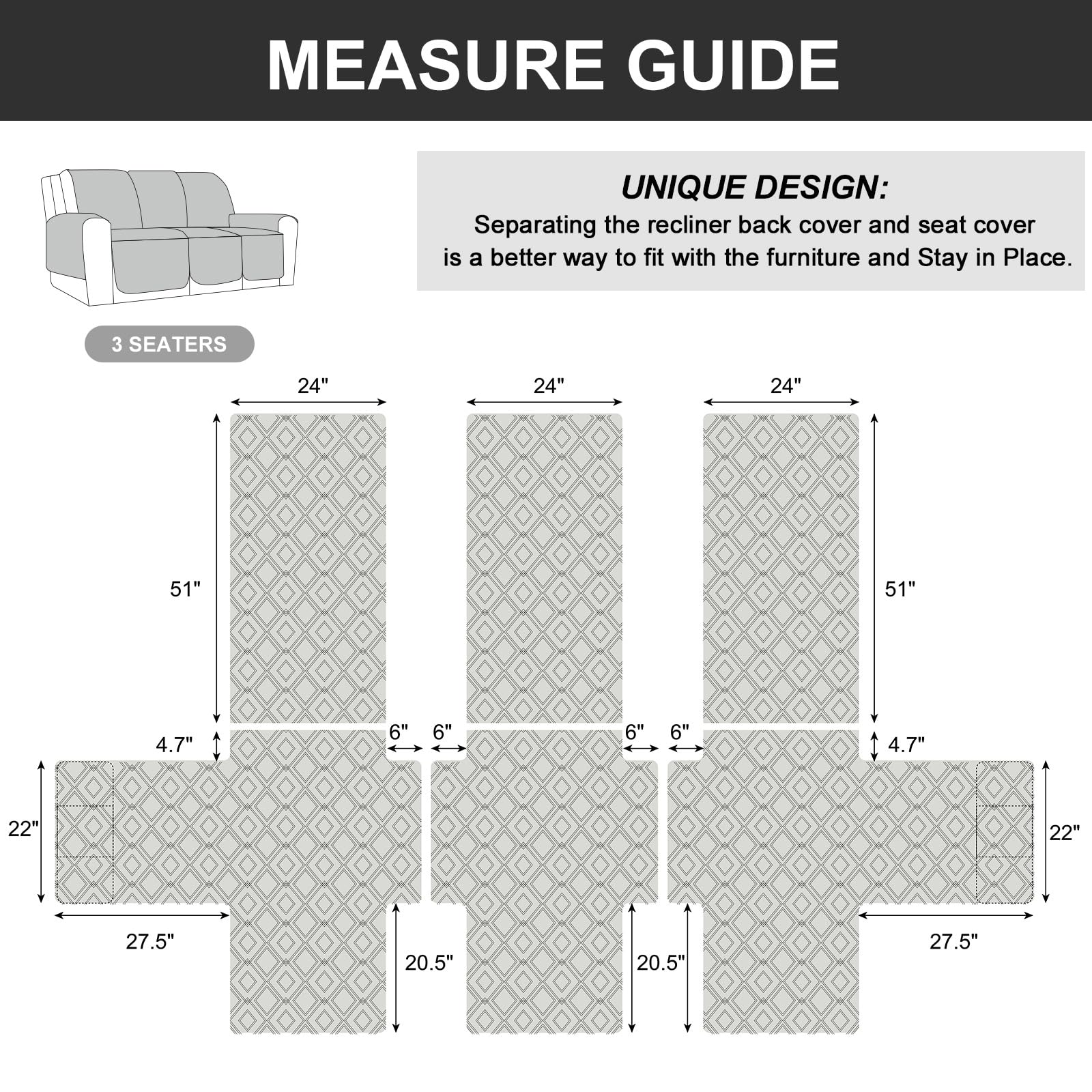 Genina Waterproof Reclining Couch Cover - Non-Slip Washable 3-Seater Sofa Protector for Pets, Kids & Furniture (Light Gray) | Perfect for Living Room, Family Room & Pet-Friendly Homes