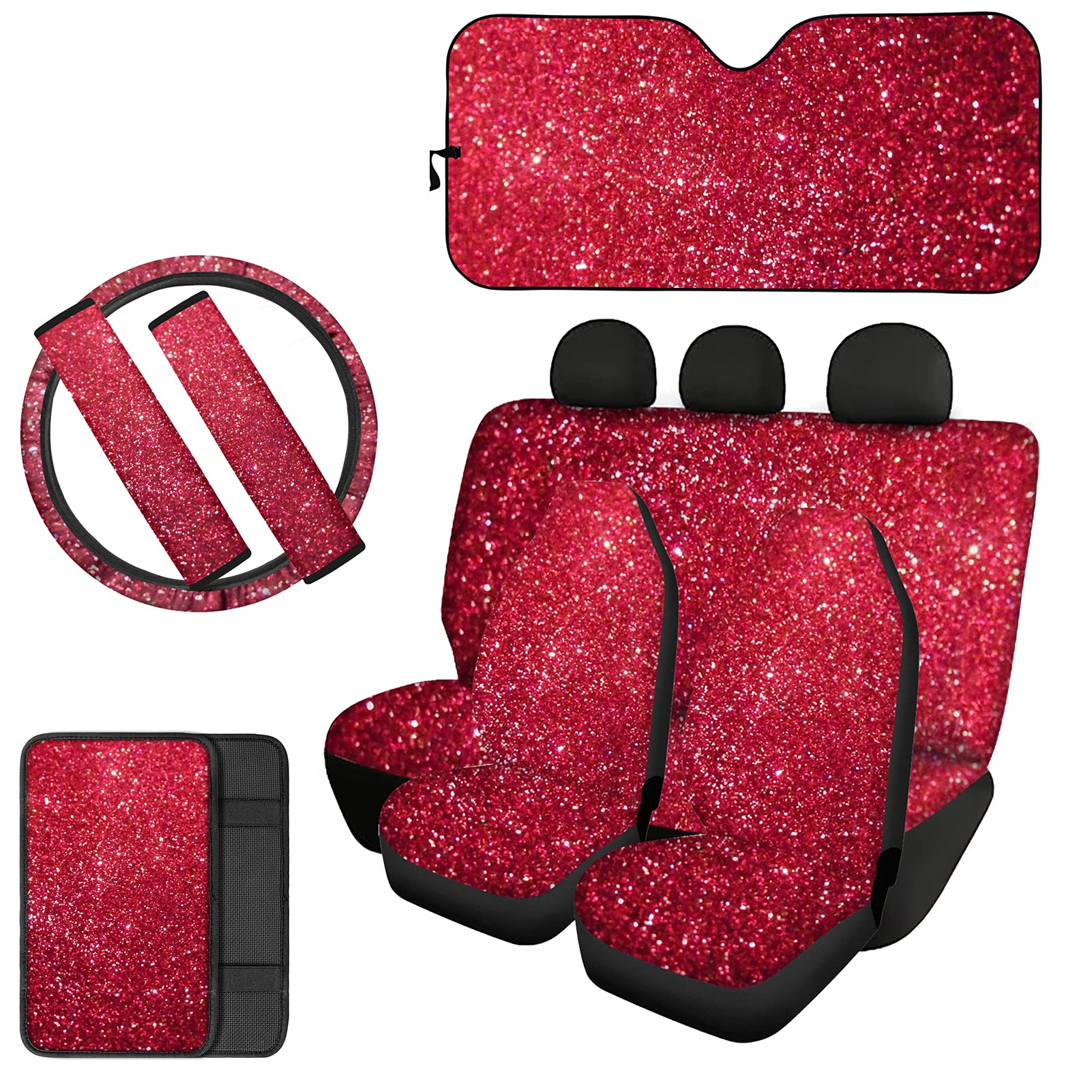 Upetstory Bling Car Accessories Set - Front & Back Seat Covers, Sunshades, Car Mats, Steering Wheel Covers, Seat Belt Covers & Console Pads for Women - Perfect for Stylish Commuting, Road Trips & Gift Giving
