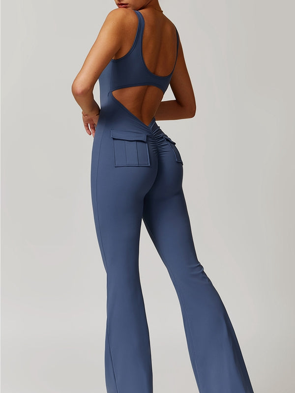 ZASUWA Women's Sexy Cutout Pocket Flare Cargo Jumpsuit - Stylish Booty Lifting Romper for Night Out & Streetwear Fashion