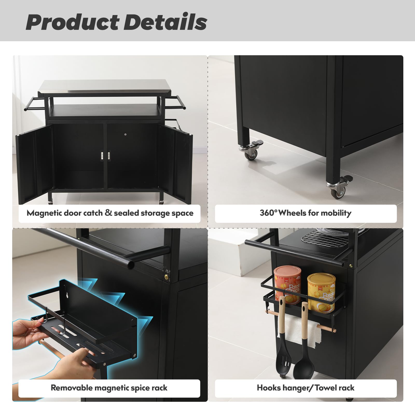 XL Rolling Bar Grill Cart - Outdoor Patio Furniture with Stainless Steel Top | Kitchen Prep & Grilling Accessories Storage Cabinet | Perfect for Backyard BBQs, Tailgating & Outdoor Entertaining - Black