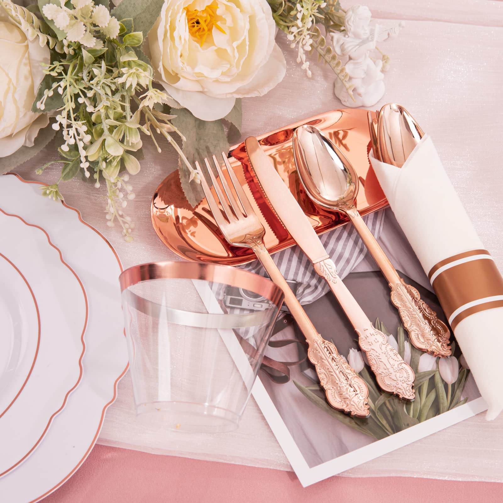 350-Piece Disposable Rose Gold Plastic Dinnerware Set - Elegant Baroque Design with 100 Plates, 50 Pre-Rolled Napkins & 50 Cups | Perfect for Weddings, Parties, Bridal Showers & Elegant Events