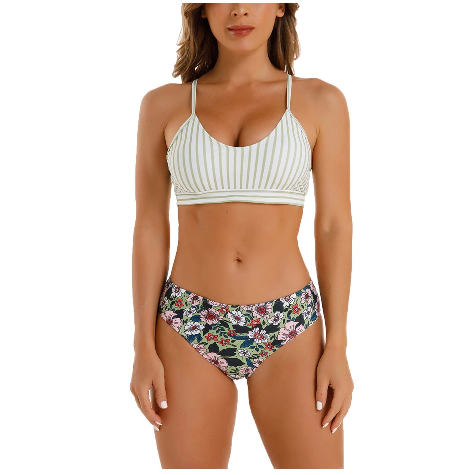 Women's Striped Push Up Halter Bandage Bikini Set - Floral Print 2 Piece Swimsuit for Beach, Pool & Summer Vacations