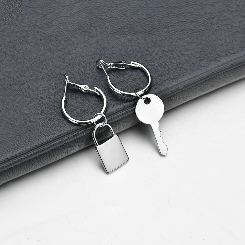 Lock and Key Earrings for Women - Asymmetric Dangle Hoop Earrings with Padlock & Key Design | Punk Edgy Aesthetic Jewelry | Perfect for Gothic, Boho & Everyday Fashion