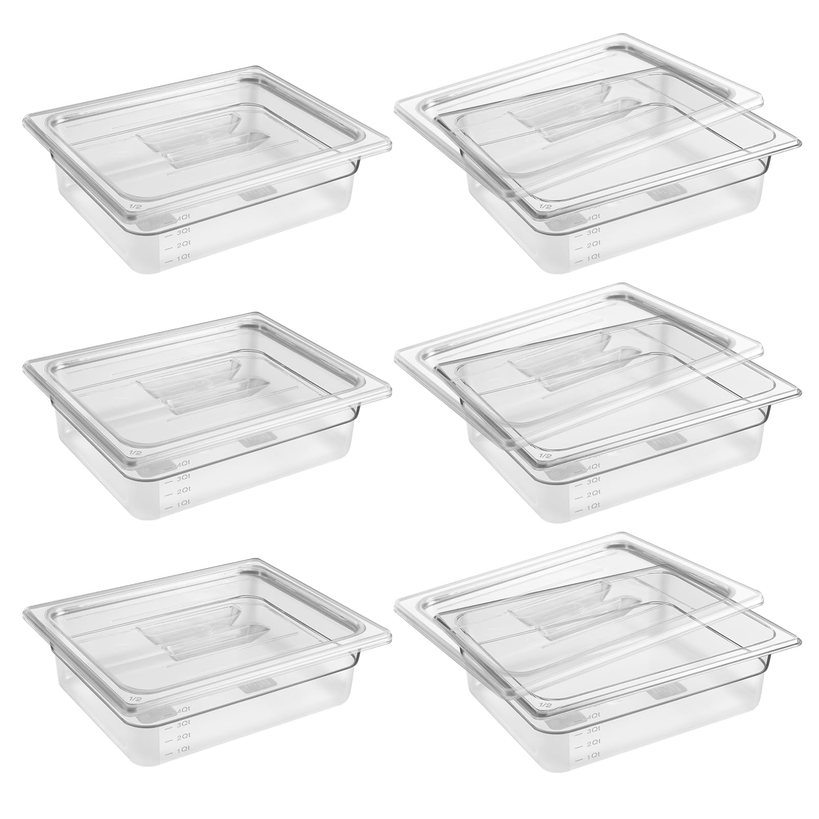 6 Pack 1/2 Size 4'' Deep Clear Food Pans with Lids - Commercial Grade Polycarbonate Transparent Food Storage Containers, Stackable Plastic Pans with Capacity Scale - Perfect for Restaurants, Catering, Buffets & Food Prep