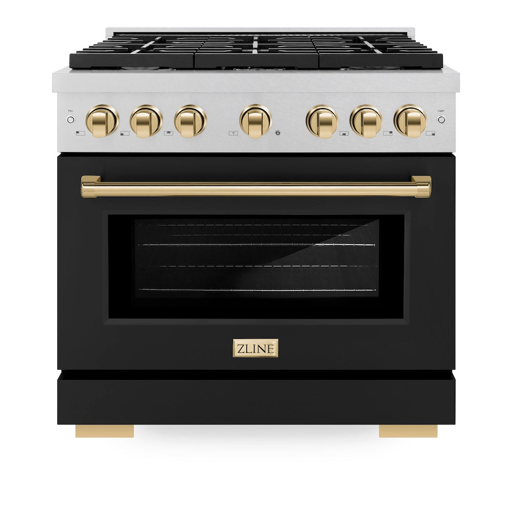 ZLINE Autograph Edition 36-inch 5.2 cu. ft. Dual Fuel Range - 6 Burner Gas Cooktop & Electric Convection Oven - Satin Stainless Steel with Black Matte Door & Polished Gold Accents (SDRSZ BLM 36 G) - Perfect for Gourmet Kitchens & Professional Chefs