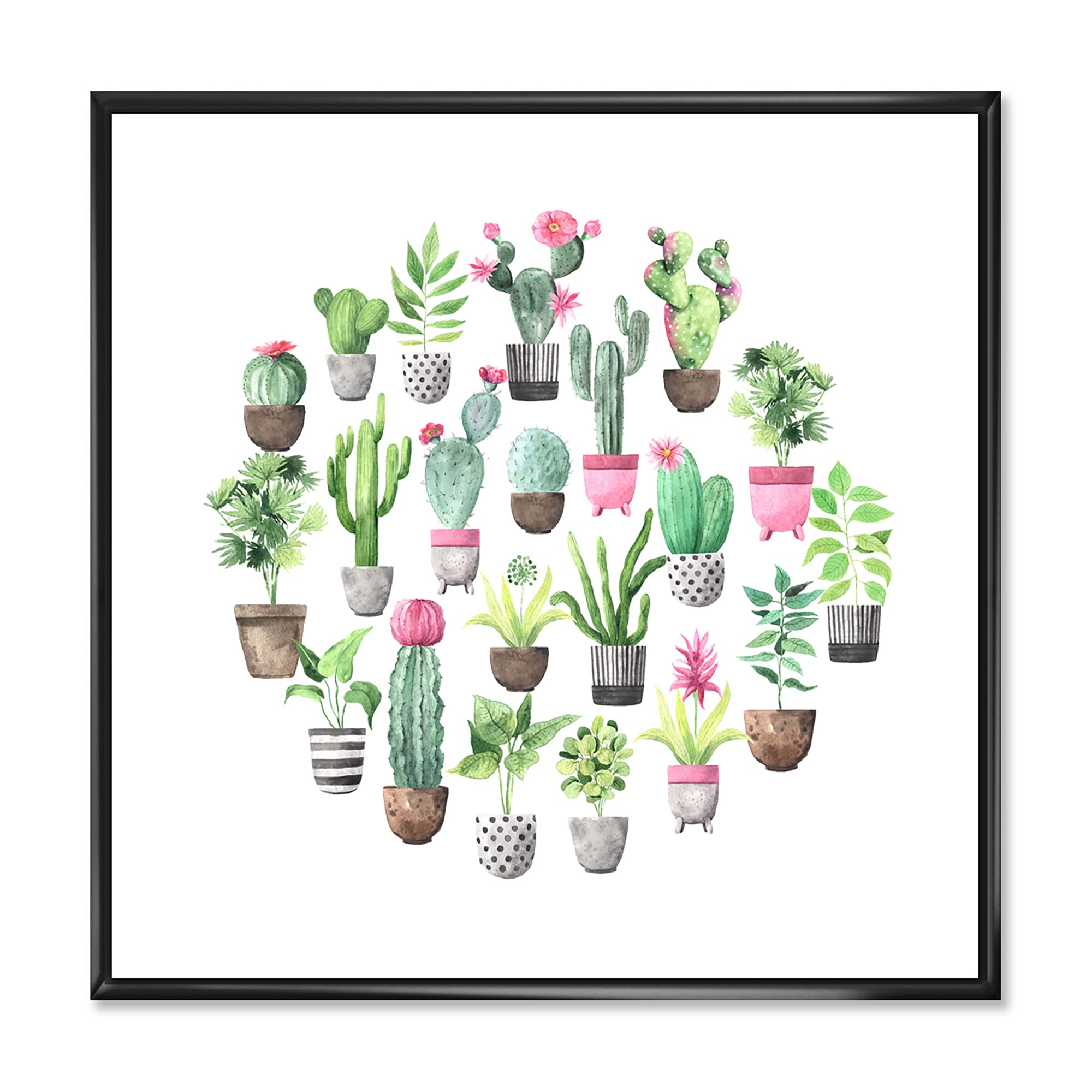 DesignQ Cacti in Ceramic Pots - Soft Tone Traditional Framed Canvas Wall Art Print | Perfect for Living Room, Bedroom & Office Decor