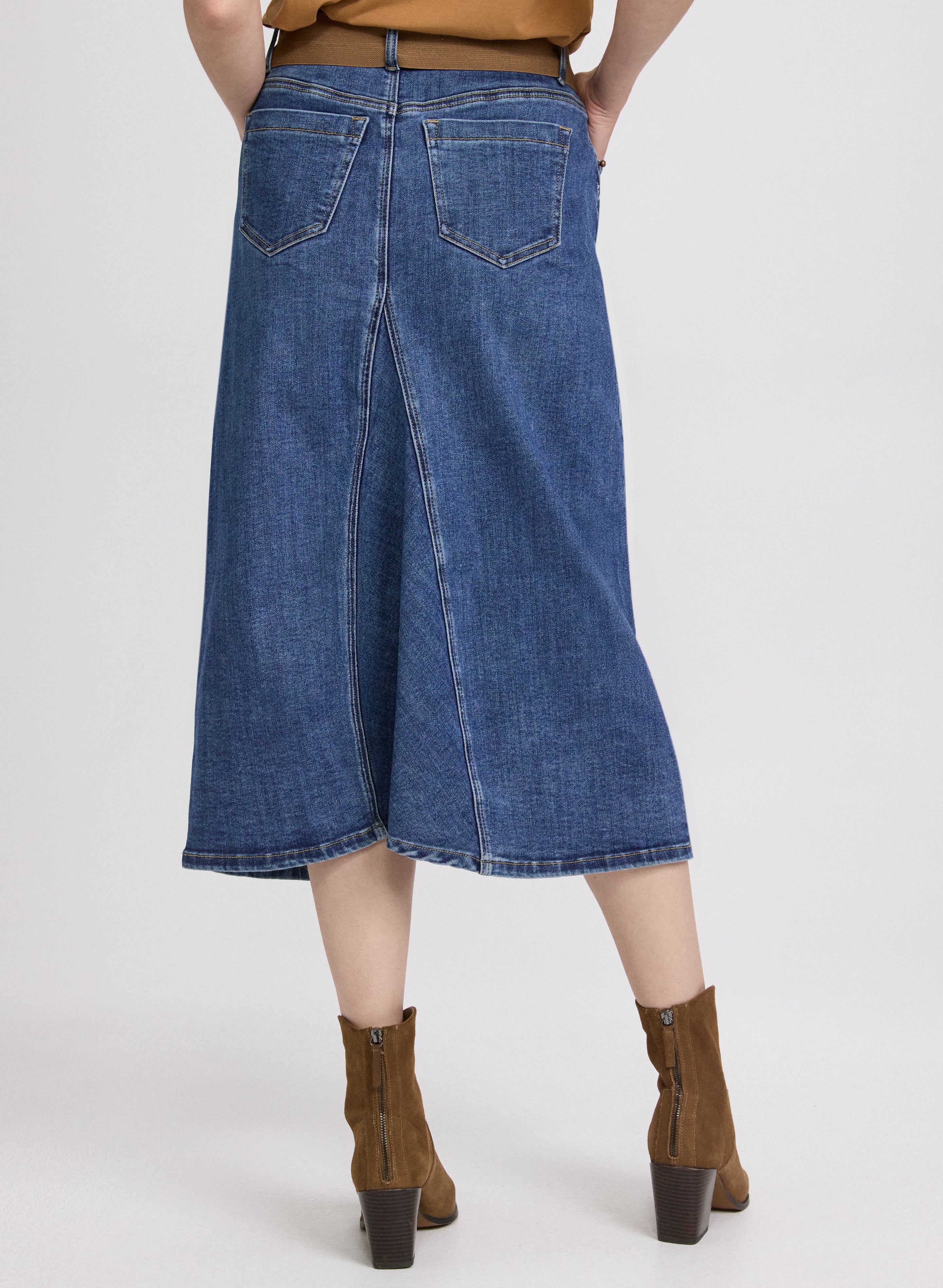 Stylish High Waist Denim Midi Skirt for Women - Vintage Blue A-Line Skirt with Pockets - Perfect for Casual Outfits, Office Wear & Date Nights